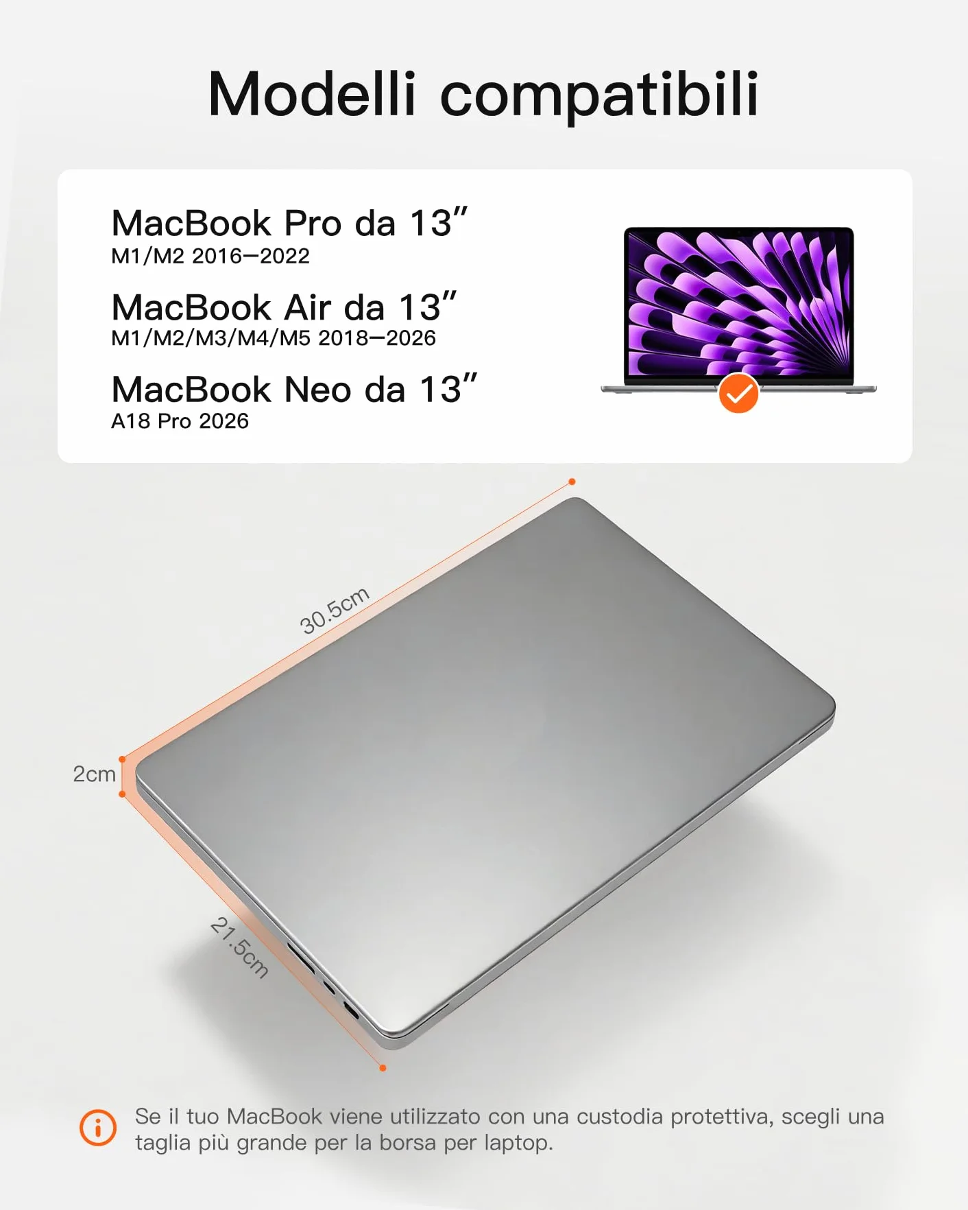 Inateck Custodia per laptop con protezione a 360°, sleeve capiente compatibile con MacBook Air 13" M5/M4/M3/M2/M1 (2026–2018) A3449 A3240 A3113 A2681 A2337 e MacBook Pro 13" M2/A2686 M1/A2338