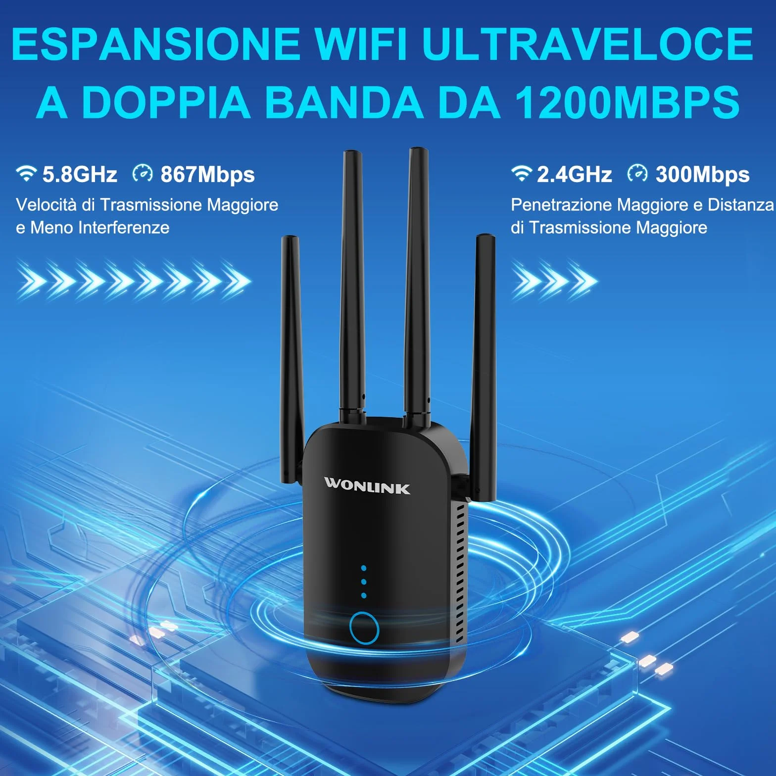Ripetitore WiFi 1200Mbps Doppia Banda, Amplificatore Segnale WiFi con 4 Antenne, Porta Ethernet, WPS, MU-MIMO, Modalità Ripetitore/Router/AP e Indicatore di Segnale