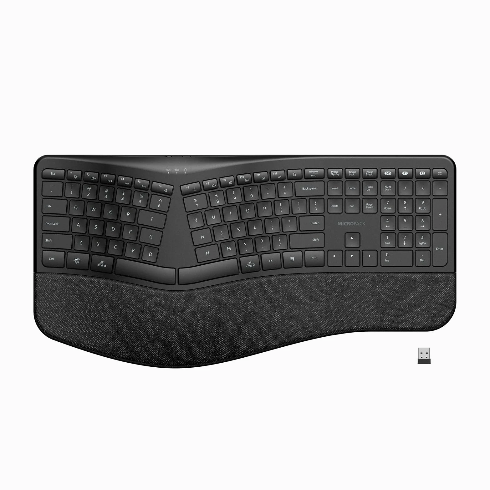 MicroPack Tastiera Ergonomica Wireless con Bluetooth, USB-C Ricaricabile e Protezione da Sovraccarico, Poggiapolsi, Connettività a 3 dispositivi, Interruttore a Forbice Silenzioso, Inclinazione