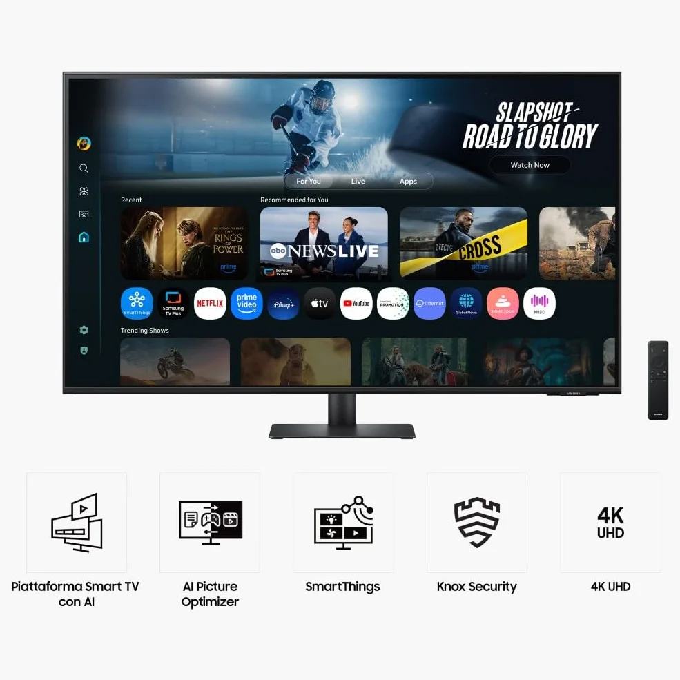 Samsung Smart Monitor M7 (S43FM702), Flat 43'', 3840x2160 (UHD 4K), Smart Hub con AI, Office 365, Gaming Hub, Speaker Integrati, Telecomando, WiFi, HDMI, USB-C