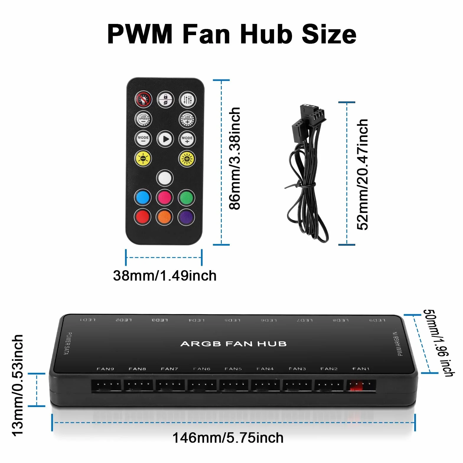 Controller ARGB Fan Hub con Base Magnetica per PC, SATA Power 18, 5V 3-Pin, RGB 12V 4-Pin PWM