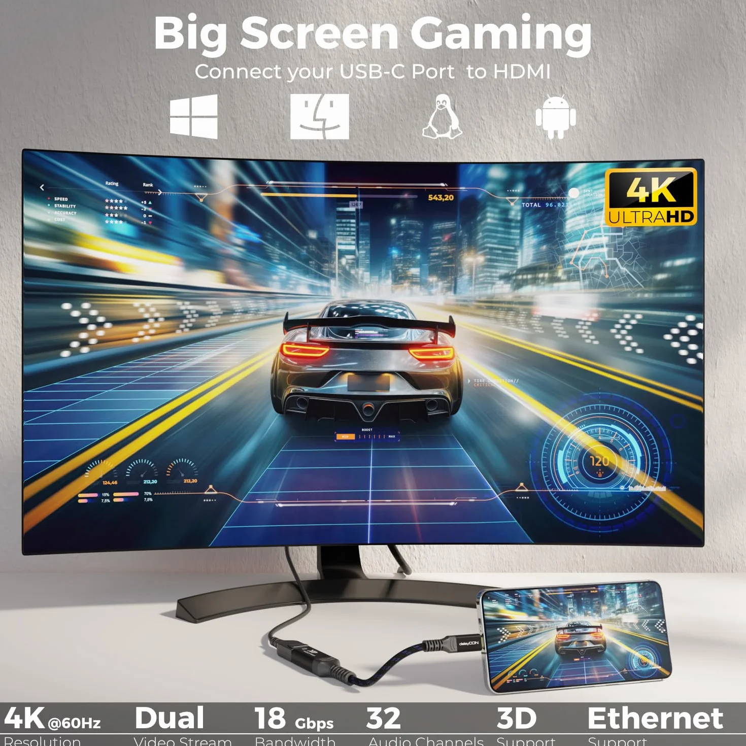 deleyCON Adattatore USB-C a HDMI 4K Alluminio (4K@60Hz Monitor/TV/Proiettore) Thunderbolt 3/4, iPhone 17 16 15 Pro Max Air, MacBook, iPad Pro/Air, Galaxy S25 S24 S23, Notebook, Tablet