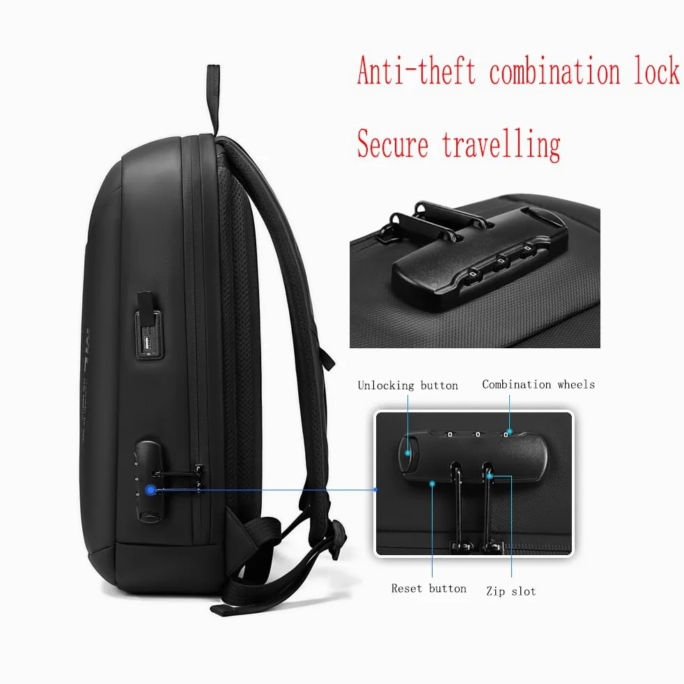 XINYASEE Zaino Uomo Porta PC, Zaino Lavoro con Chiusura a Combinazione, Borsa a Tracolla da Viaggio per Computer 15 Pollici, Nero, 29x10x45 cm