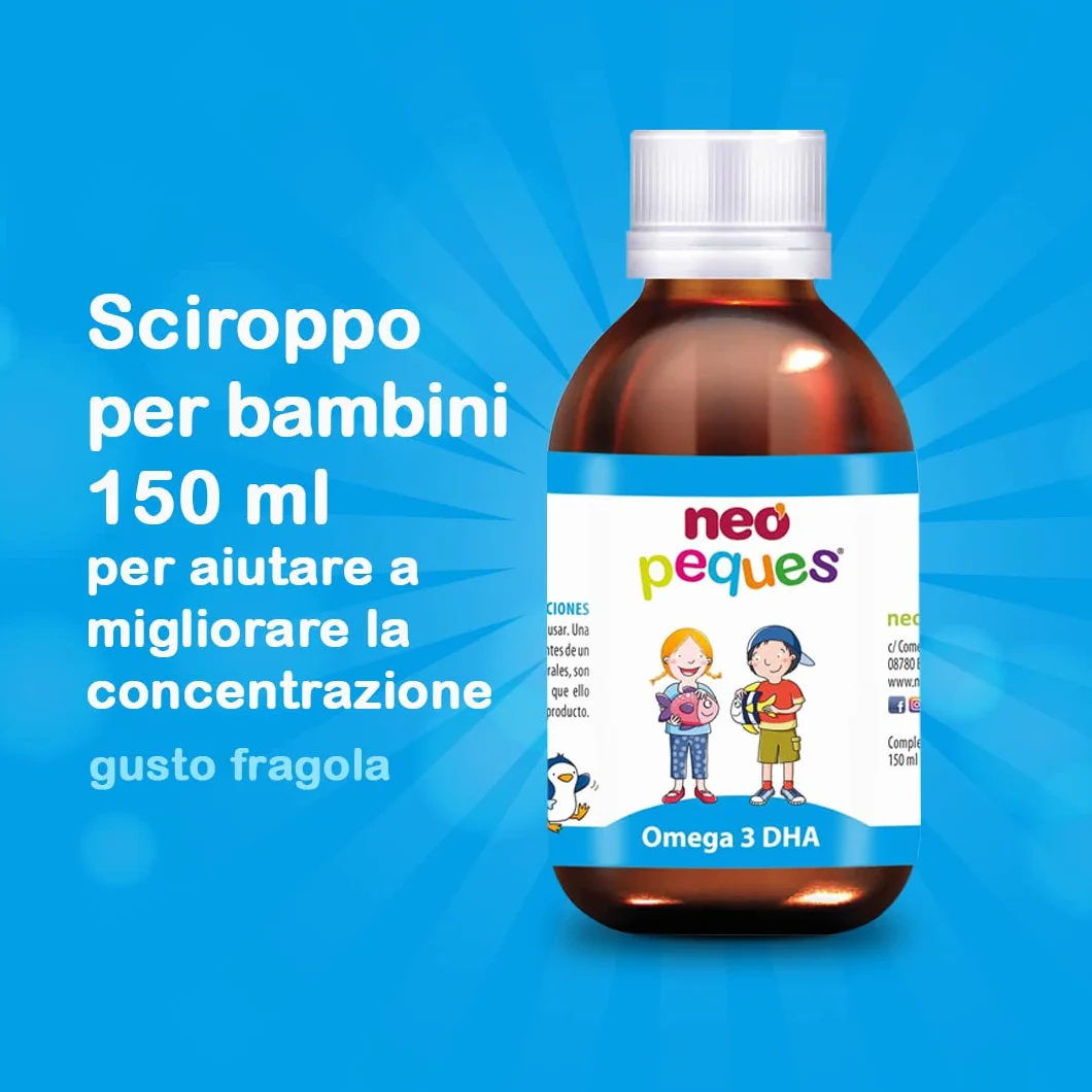 NEO PEQUES Sciroppo Omega 3 DHA 150 ml per bambini concentrazione gusto fragola