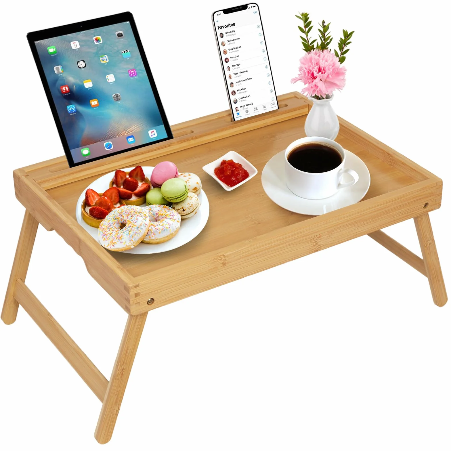 Vassoio da letto con manici, gambe pieghevoli, vassoio da colazione in bambù con supporto per tablet, tavolo da colazione, scrivania per computer portatile, vassoio da cucina
