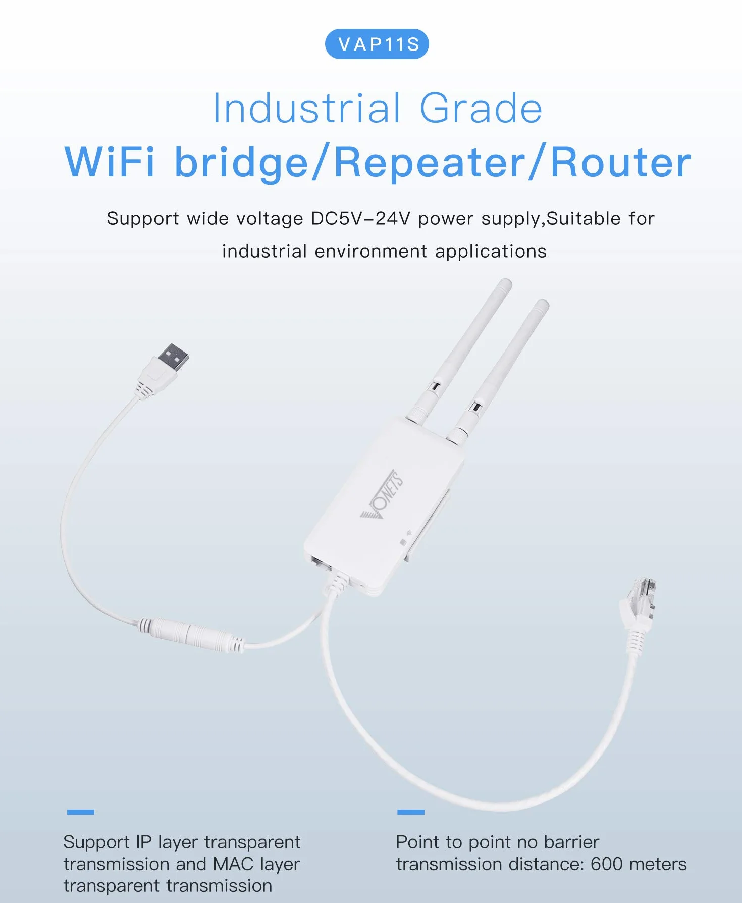 VONETS 2.4GHz WiFi Bridge Mini Router Ripetitore Wireless Da Ethernet a WiFi Hotspot Extender Signal Booster 2 Porte RJ45 Alimentazione DC/USB con 2 Antenne per DVR Dispositivi di Rete PLC VAP11S