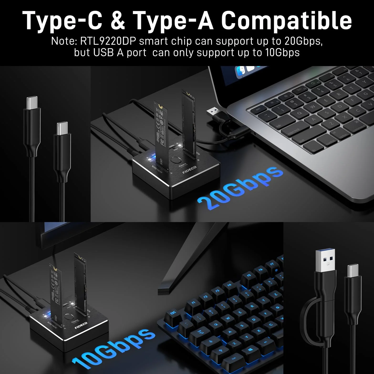 FIDECO M.2 NVMe SATA SSD Enclosure USB 3.2 Gen 2 10Gbps Aluminium Clone Support