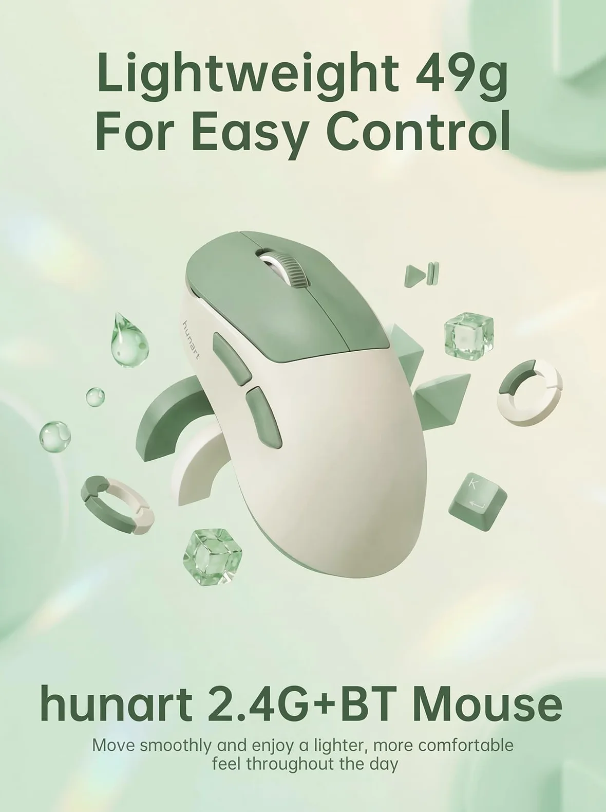 hunart H6 49 g mouse wireless, Bluetooth e mouse ricaricabile 2,4 GHz, leggero mouse ergonomico silenzioso con ricarica USB-C, mouse portatile da ufficio destro per laptop, PC, MacBook, tablet, verde