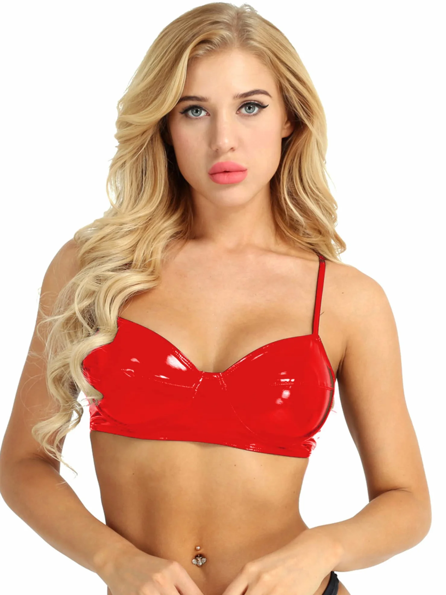Donna Reggiseno Erotico Effetto Bagnato Pelle Spaghetti Crop Top Lucido