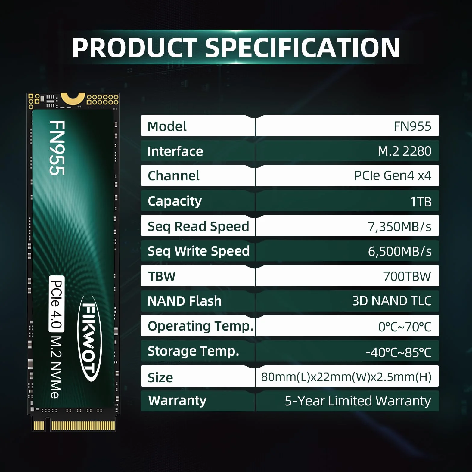 Fikwot FN955 1TB M.2 PCIe Gen4 Unità interna a stato solido da con adesivo di raffreddamento in grafene - Fino a 7350MB/s, Cache SLC dinamica, Compatibile con Laptop e PC Desktop