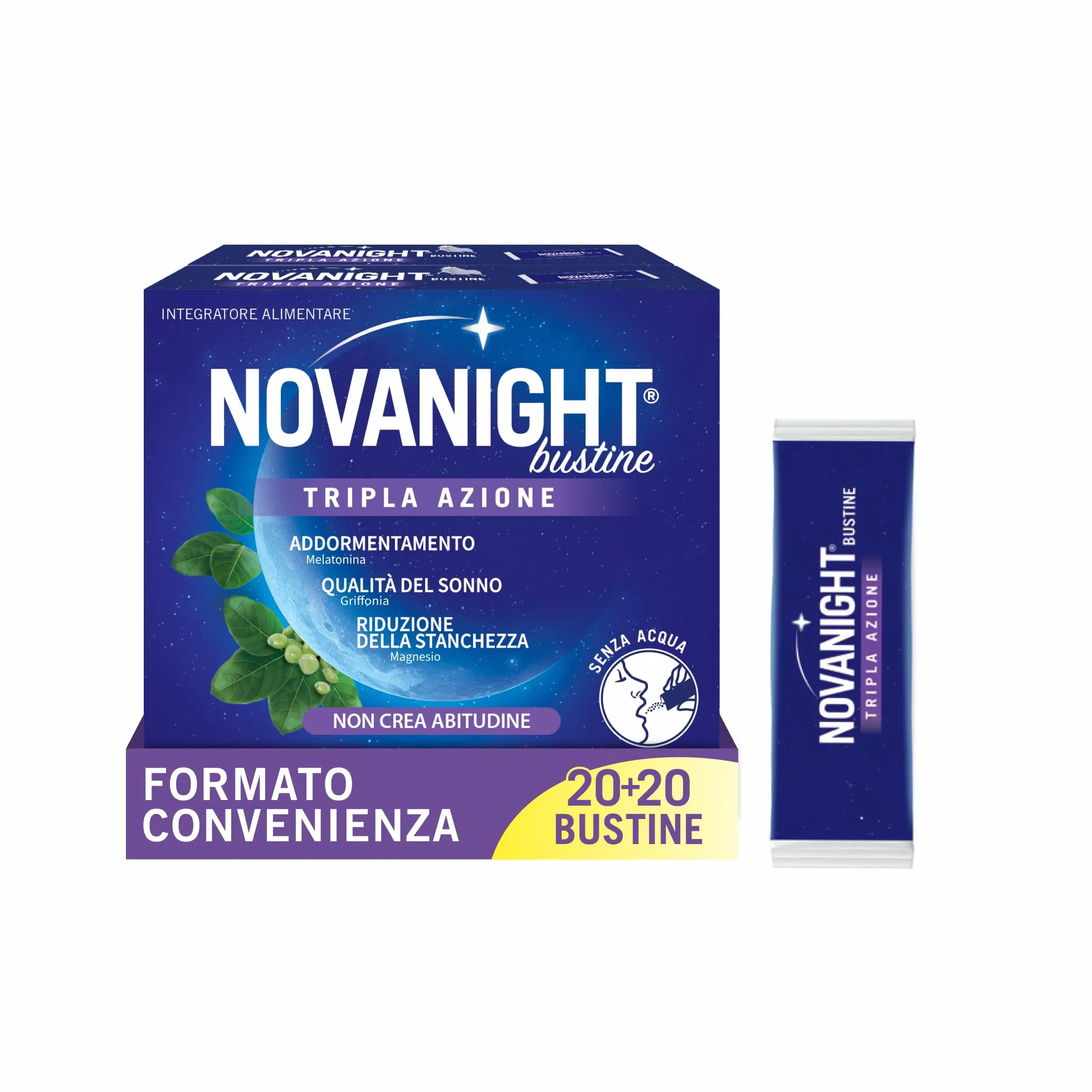 Novanight Tripla Azione Bustine Magnesio Melatonina Disturbi del Sonno 40 Buste Gusto Camomilla e Agrumi