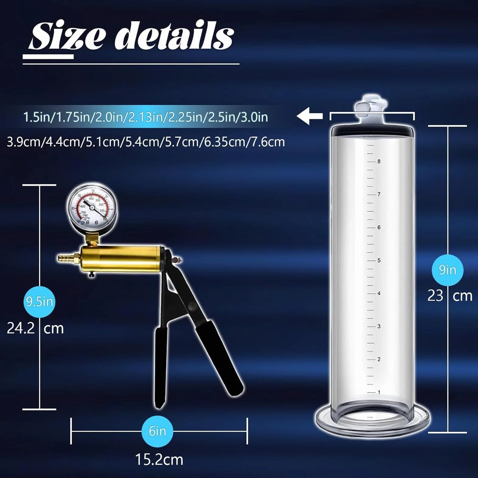 Pompa pene manuale con manometro impugnatura metallo sex toys uomo 2.0in 5.1cm