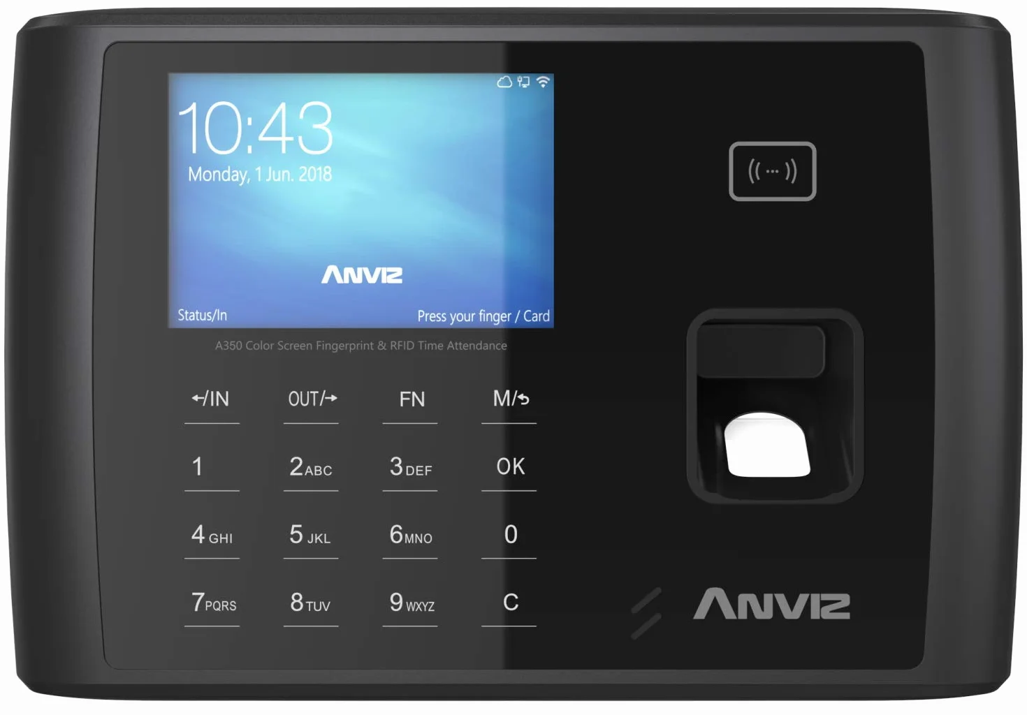 Anviz A350 BT-Wifi Rilevazione presenze Biometrico Card Rfid PIN Linux CPU 1 GHZ Tcp/ip WIFI Bluetooth Rs485 mini USB LCD 3,5" TFT relè output Wiegand Out Web server
