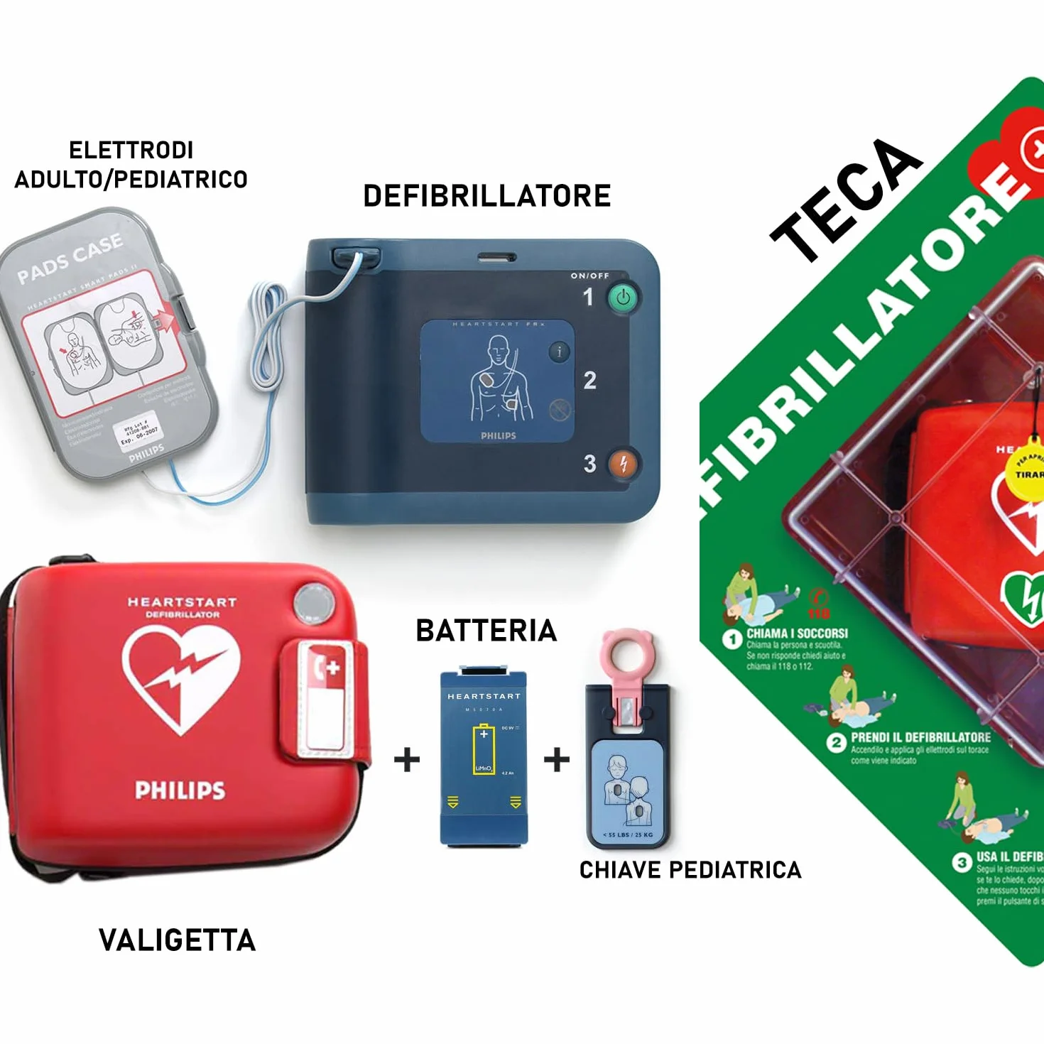 Gisinti Kit Defibrillatore Semiautomatico Philips Frx Con Teca Interno Pannello ABS Portatile Valigetta Batteria Piastre Adulto Pediatriche Garanzia 8 Anni