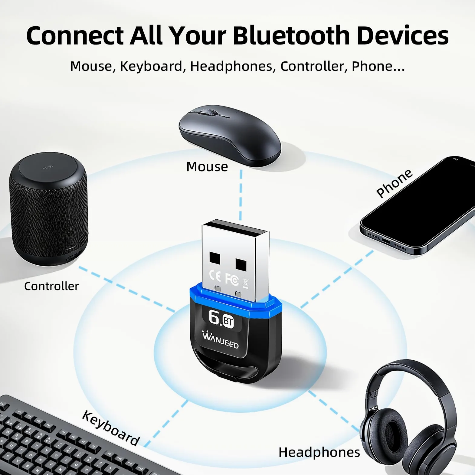 Adattatore USB Bluetooth 6.0 per PC desktop e laptop, driver preinstallato, Plug and Play, compatibile con Windows 11/10/8.1/7, dongle wireless per cuffie, altoparlanti, tastiera, mouse, stampante