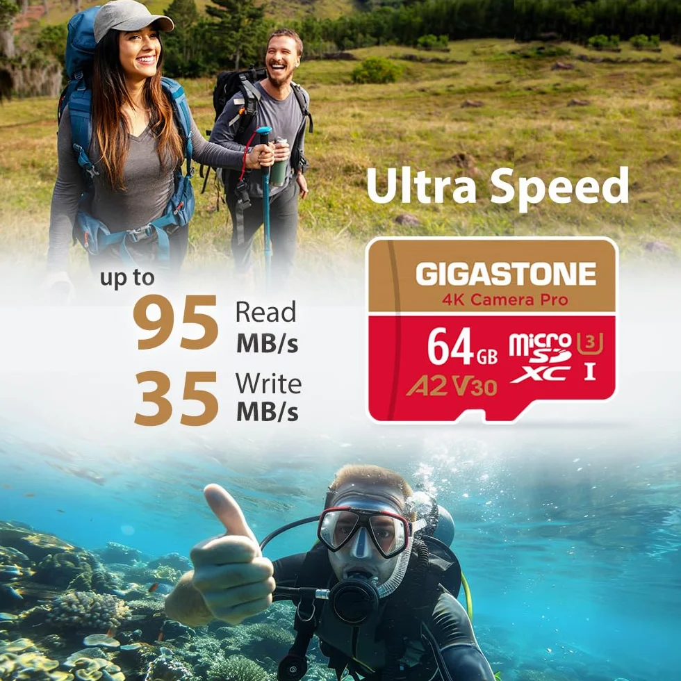 Gigastone Scheda di memoria 64 GB 4K Fotocamera Pro, compatibile con GoPro Drone Switch, Velocità 95 MB/s. per 4K Video, A2 U3 V30 Micro SDXC Card con adattatore SD.