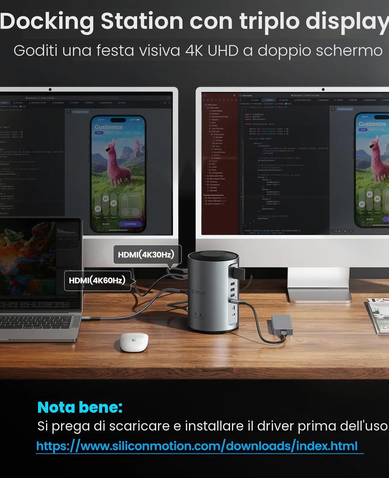 ORICO Docking Station USB C, 15 in 1 Hub Tre Monitor Con 100W PD, 2 USB-A 3.0+4 USB-A 2.0+1 USB-C 3.0, 3 HDMI 4K@60Hz, RJ45, 3.5mm, SD/TF per MacBook M1/Lenovo/Thinkpad/Dell/Hp