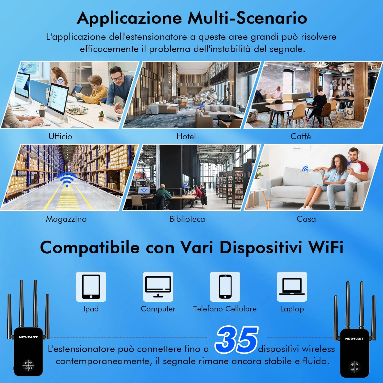 NEWFAST Ripetitore WiFi Potente per Casa, 1200Mbps WiFi Extender Dual Band 2.4GHz/5GHz con 4 Antenne ad Alto Guadagno, Porta Ethernet, WPS, Display Intelligente, Supporta 3 Modalità(Nero)