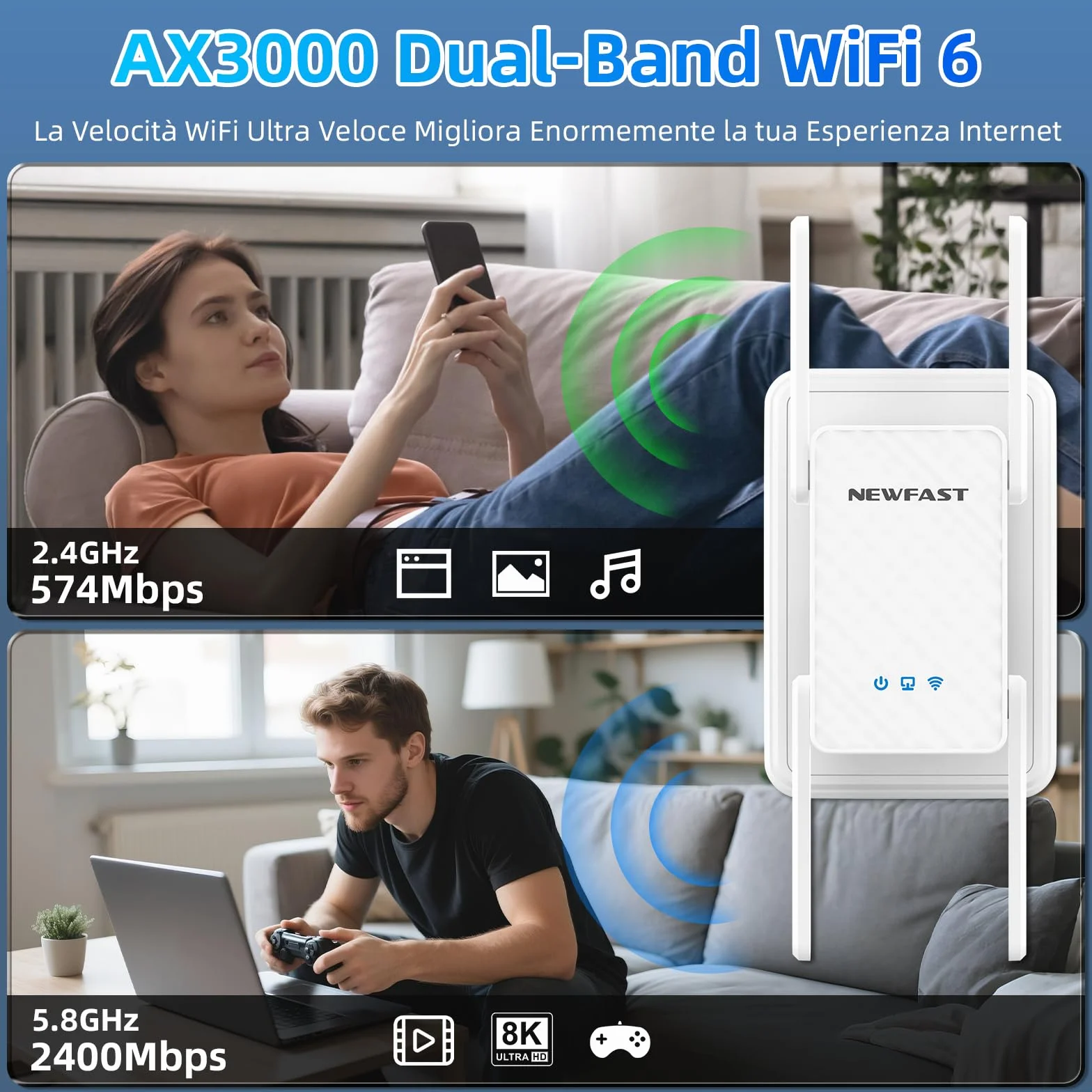 NEWFAST 3000Mbps Ripetitore WiFi Potente per Casa, WiFi6 WiFi Extender Dual Band 2.4G/5GHz con 4 * 5dBi Antenne, Porta Gigabit Ethernet, WPS Funzione, Supporta Modalità Ripetitore/Router/AP