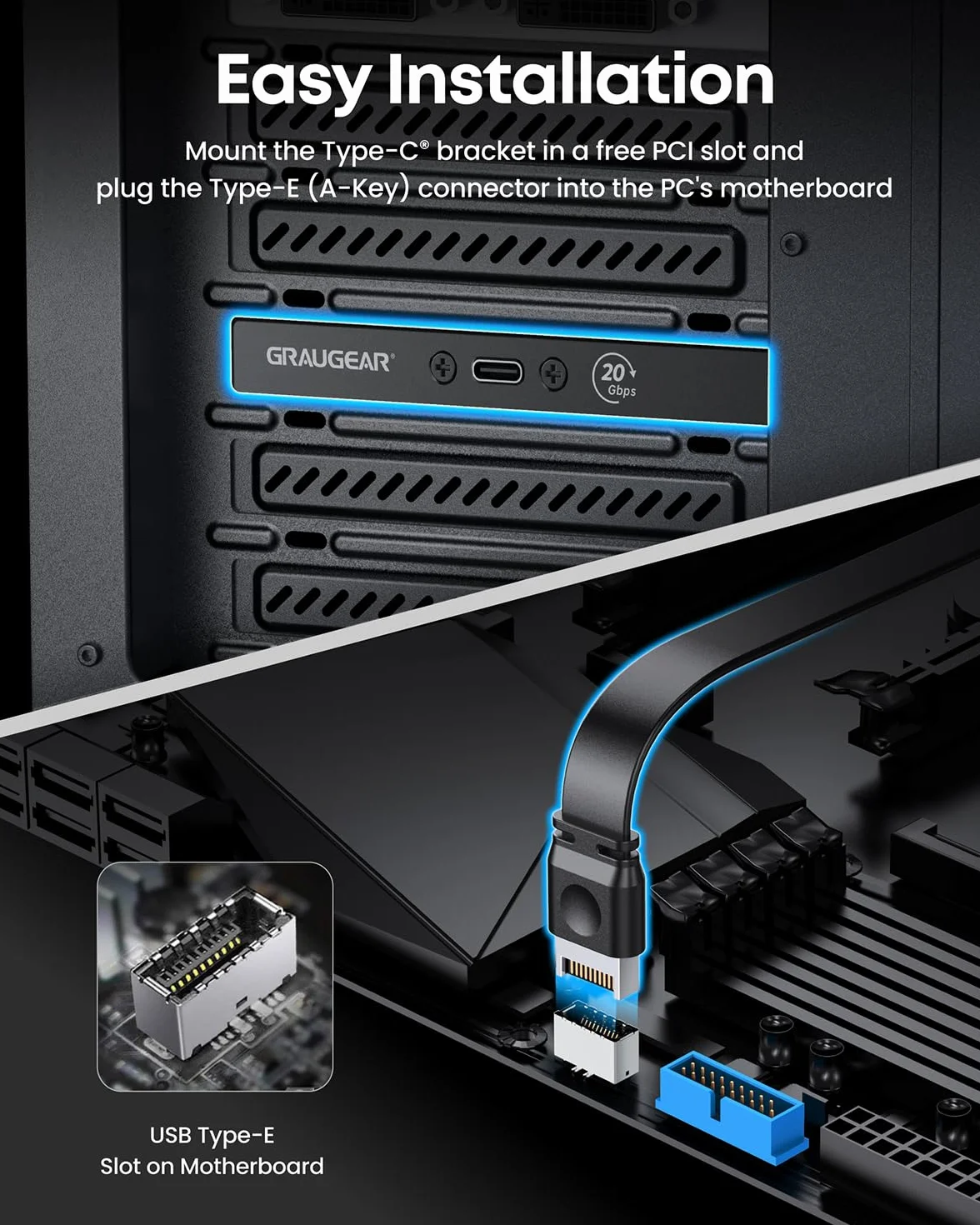 GRAUGEAR Scheda madre PCI da 20 Gbps, adattatore A-Key a USB C, USB 3.2 Gen2 x 2 20 Gbps, 20 pin USB e header nero