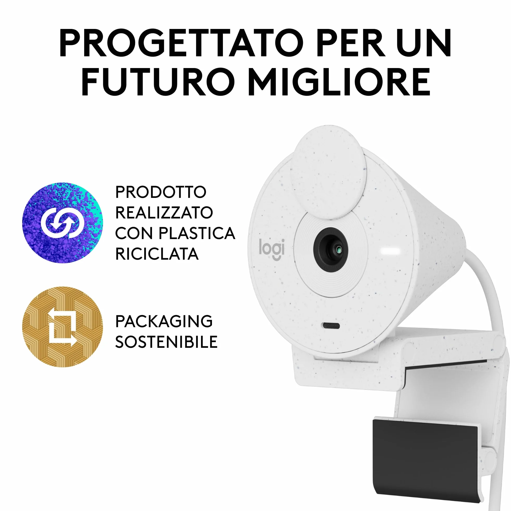 Logitech Brio 300 Webcam Full HD con Otturatore Privacy, Mic Riduzione Rumore, USB-C, Streaming, Bianco
