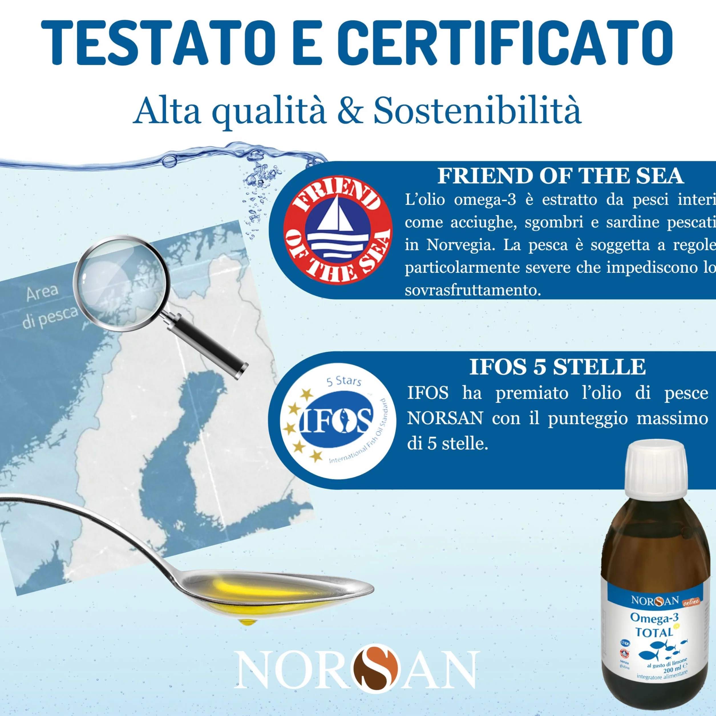 NORSAN TOTAL Omega 3 IFOS senza reflusso 2000mg Olio di pesce Omega 3 EPA DHA Vitamina D3 200 ml