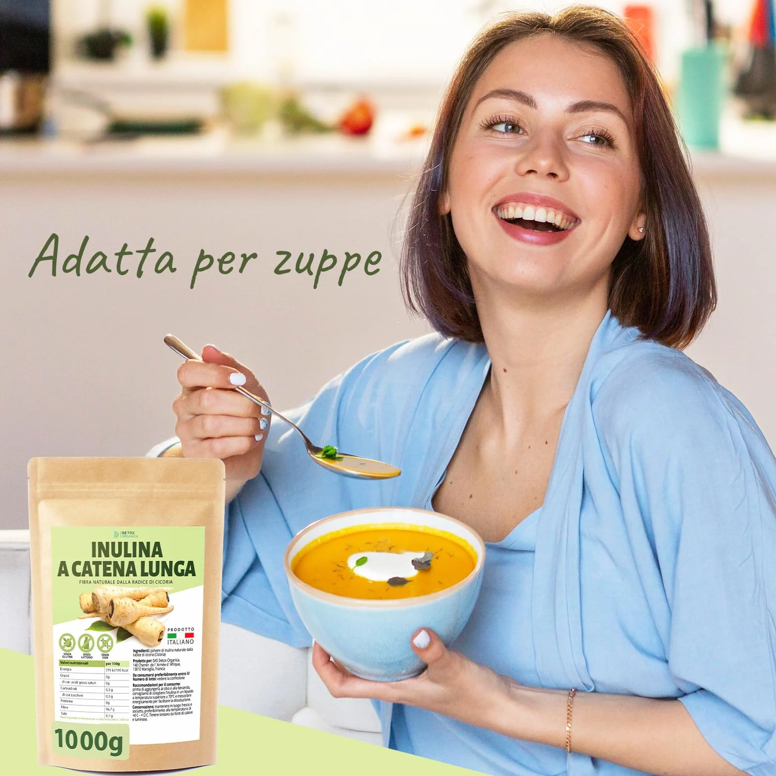 Detox Organica Inulina di Cicoria a Catena Lunga 1000g Polvere Fibra Vegetale Vegana