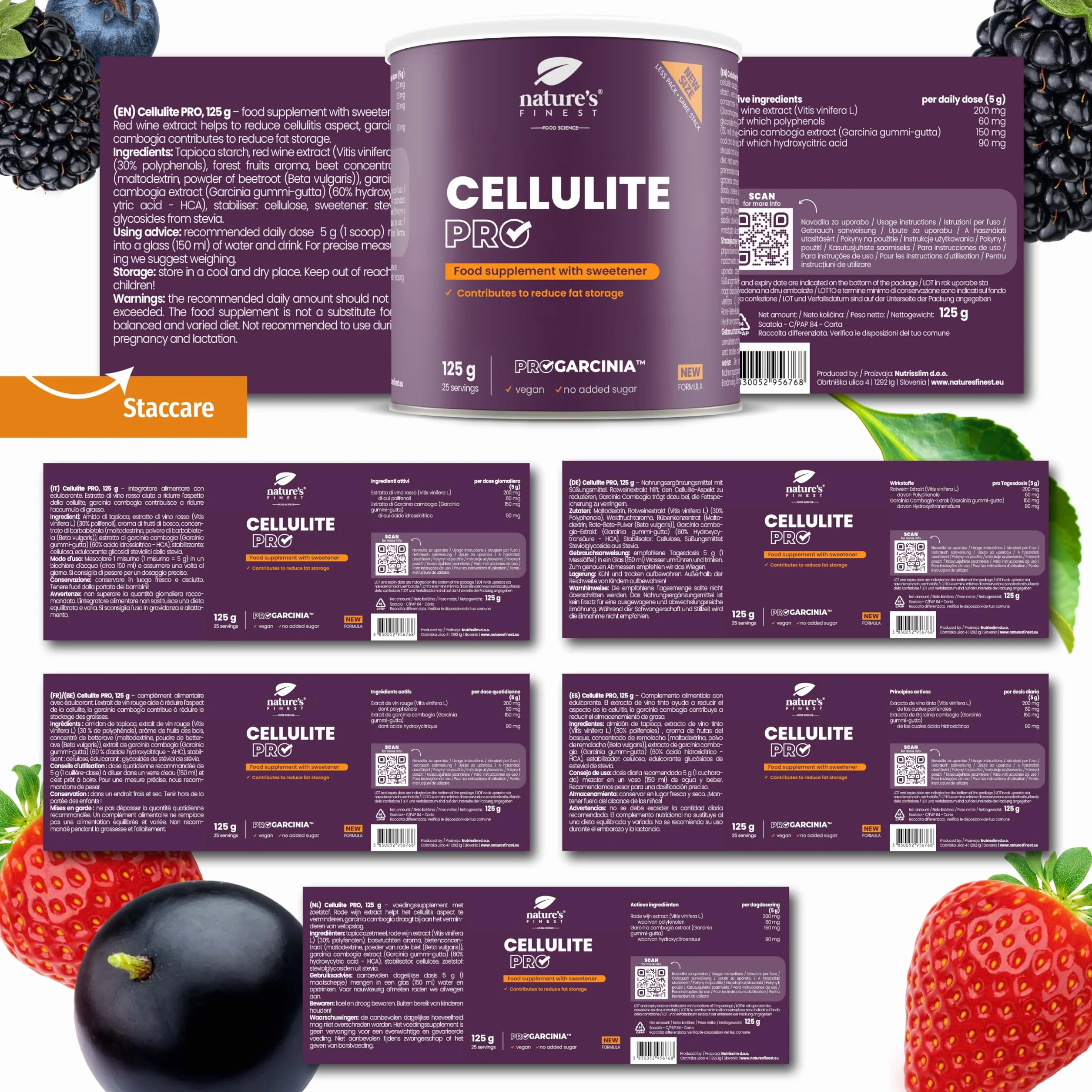 Nature's Finest Cellulite PRO Integratore Alimentare in Polvere Garcinia Cambogia Estratto Vino Rosso 125g