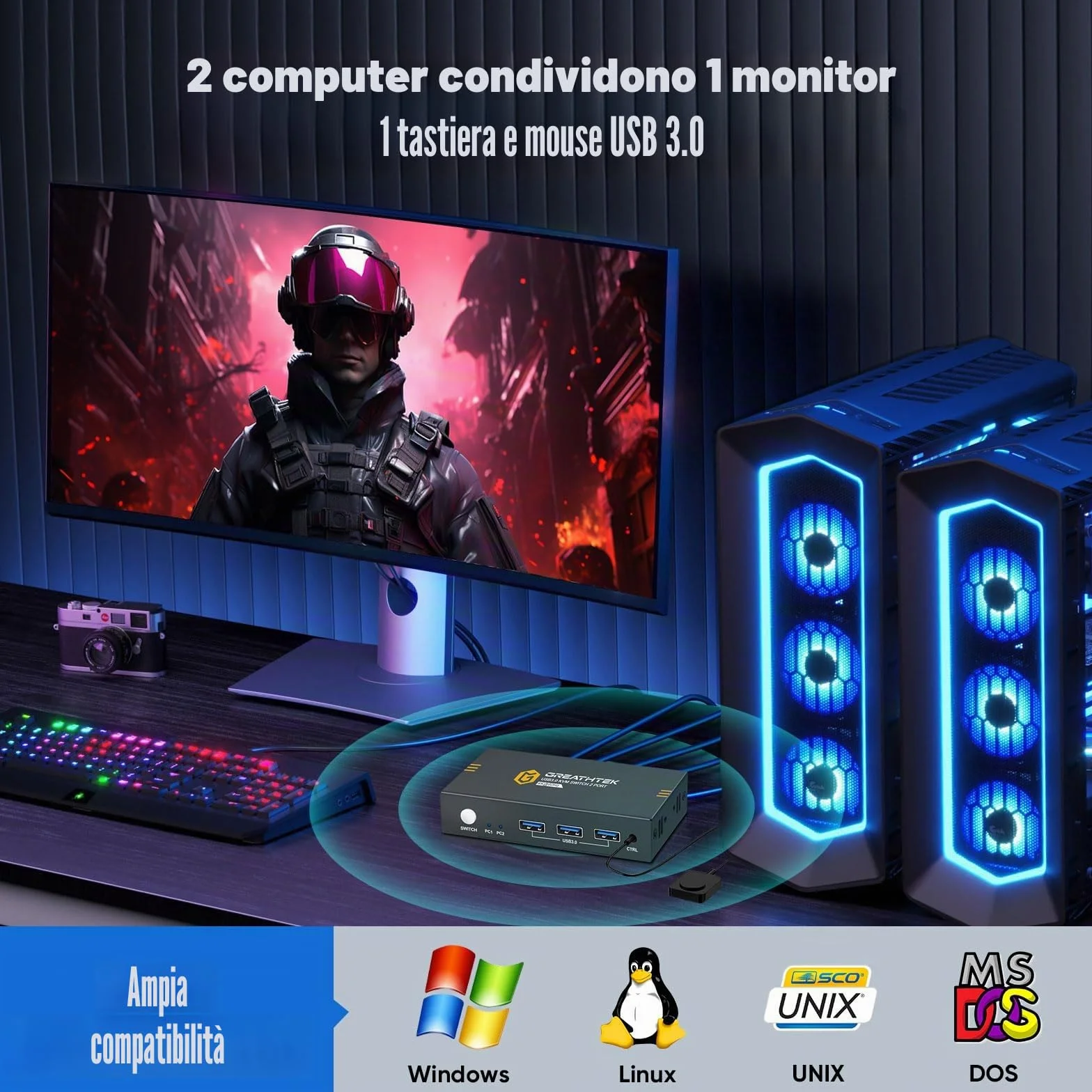 Interruttore KVM USB 3.0 HDMI 2 Porta 4K@60Hz, Interruttore KVM per 2 PC 1 - Monitor Con 3 porte USB3.0, HDMI2.0, HDCP2.2, supporto funzione EDID, inclusi 2 cavi USB 3.0