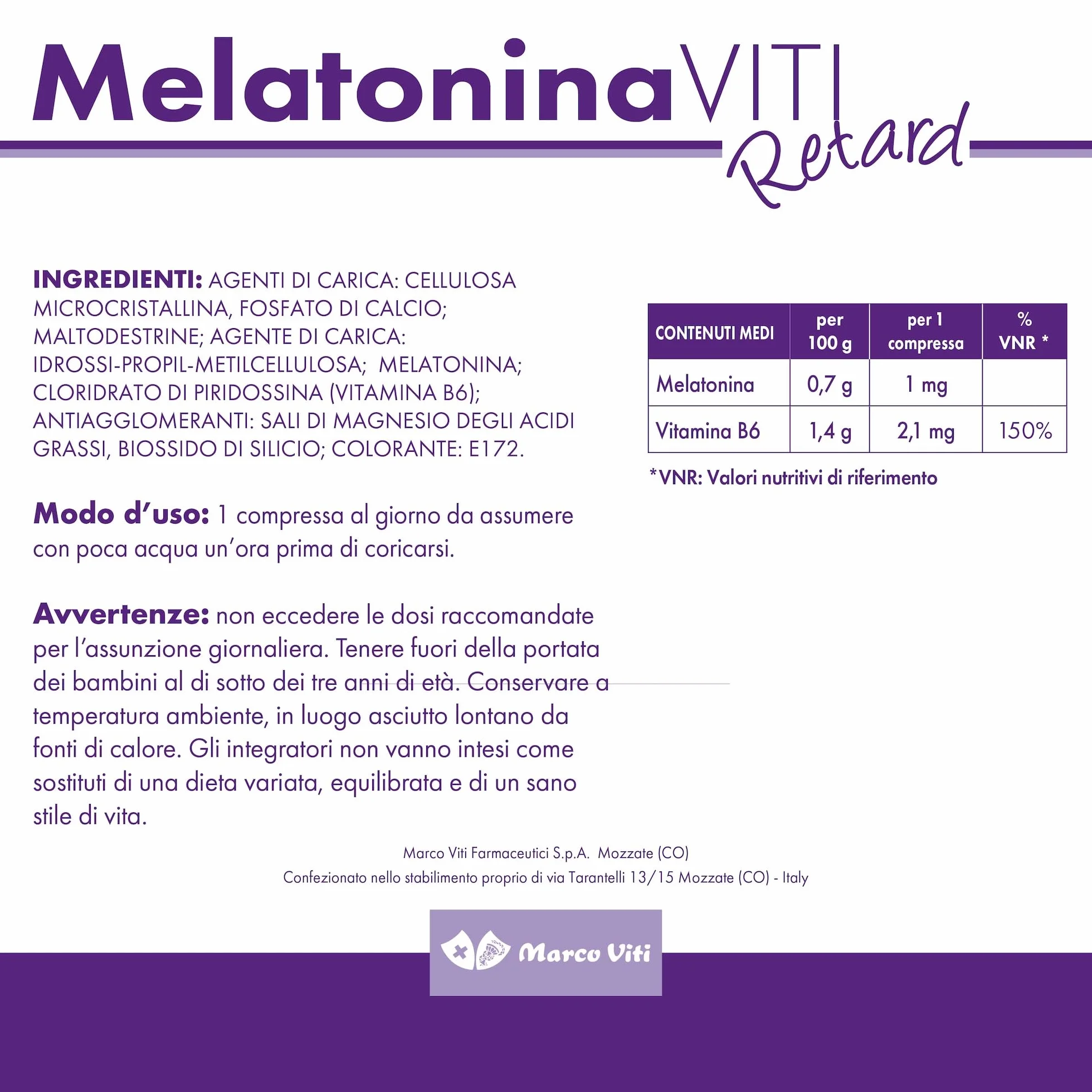 Melatonina Viti Retard 60 Compresse Integratore Sonno con Vitamina B6