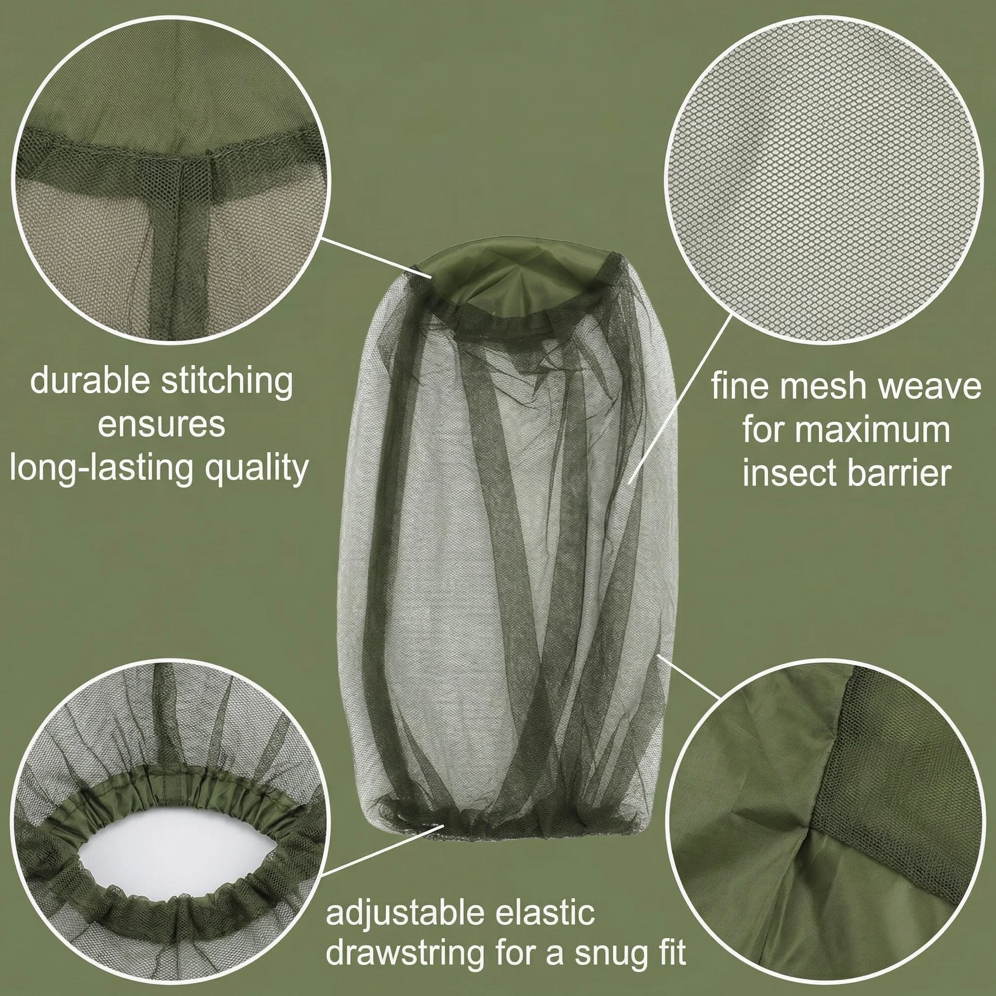 Zanzariera per Testa Rete Antizanzare Viso in Nylon Maglia Fine 50cm Verde Militare Protezione Insetti Campeggio Pesca Trekking