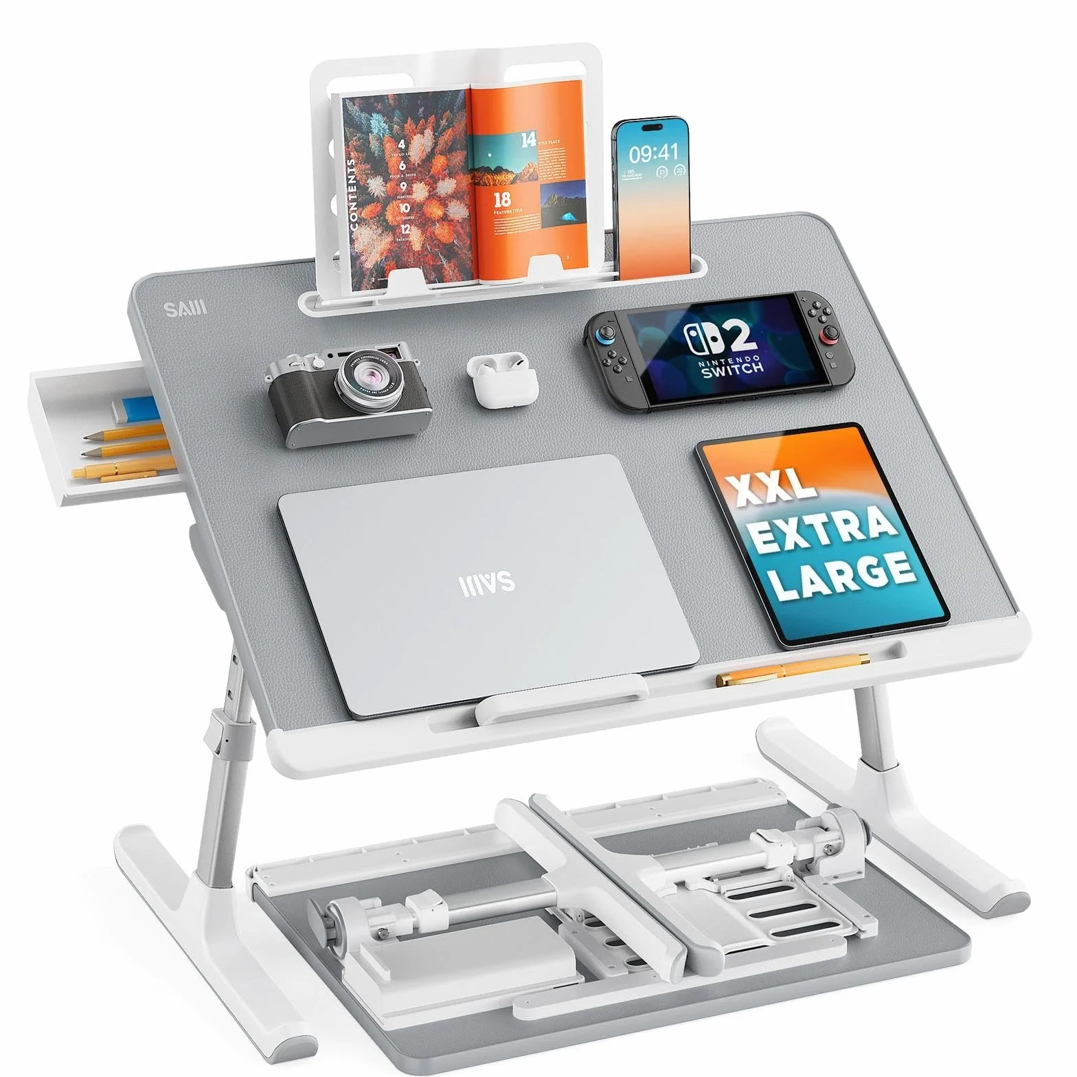SAIJI - Tavolo per computer portatile e desktop, multi-funzione, altezza regolabile, supporto per libri e tablet, cassetto, pavimento del letto (grigio, 60 x 45 cm)