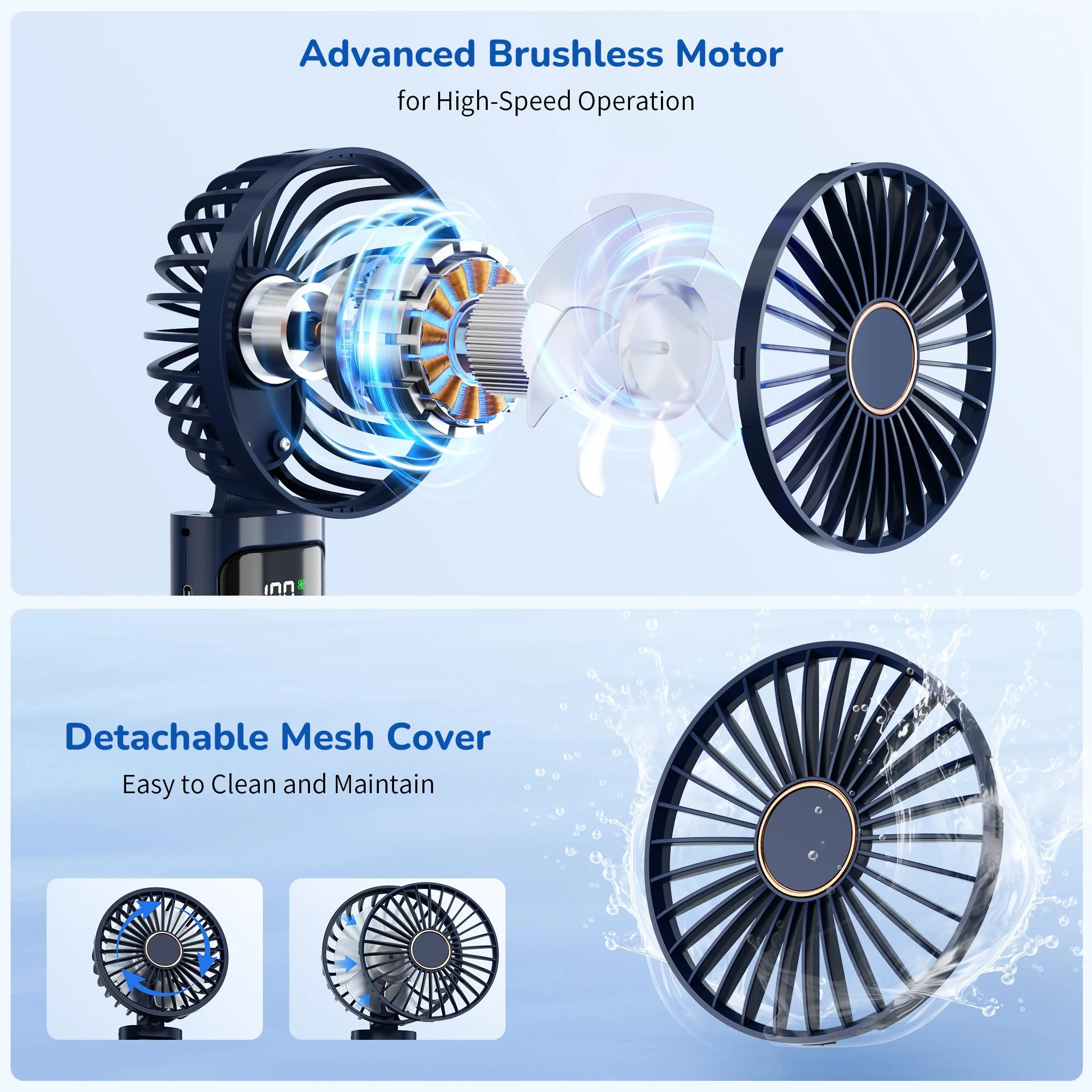 Ventilatore a Mano,Mini Ventilatore Portatile,5200mAh Ricaricabile,Piccolo Ventilatore Tascabile Con 6 Livelli di Velocità,Ventilatore USB Pieghevole a 180° per Casa,Ufficio,Scuola,Esterno, Blu