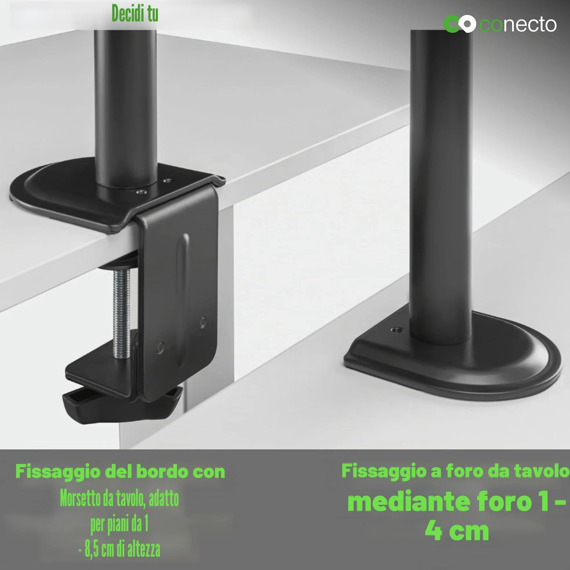 conecto Supporto per monitor regolabile in altezza per 1 schermo da 17 a 32 pollici, inclinabile e orientabile, VESA 75 e 100, supporto da tavolo, supporto per schermo, nero