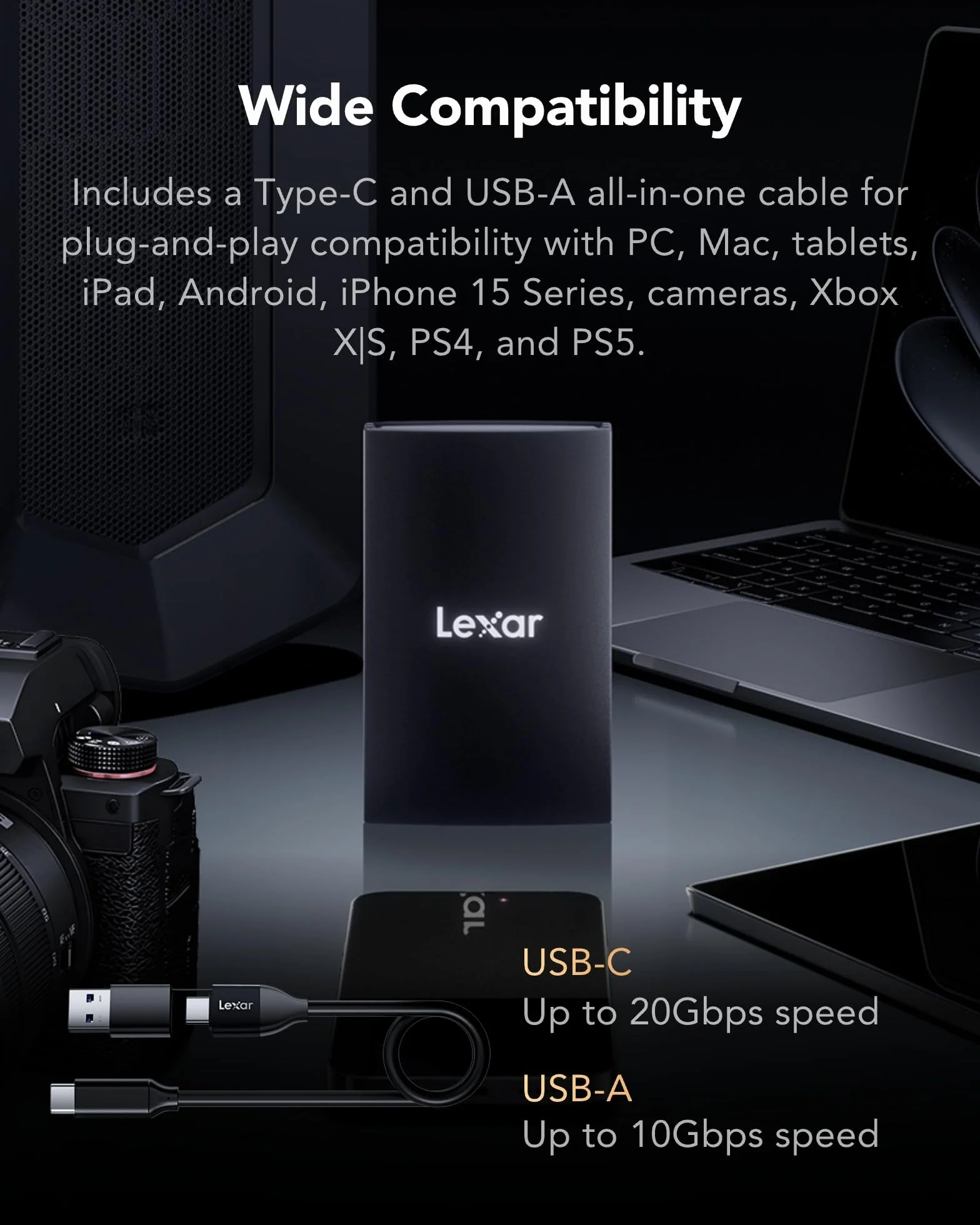 Lexar ARMOR 700 SSD Portatile 1TB, 2000 MB/s in Lettura e Scrittura USB 3.2 Gen 2x2, SSD Esterno IP66 Resistenza all'Acqua e Polvere, Compatibile con Mac, iPhone 15 Pro, Camera