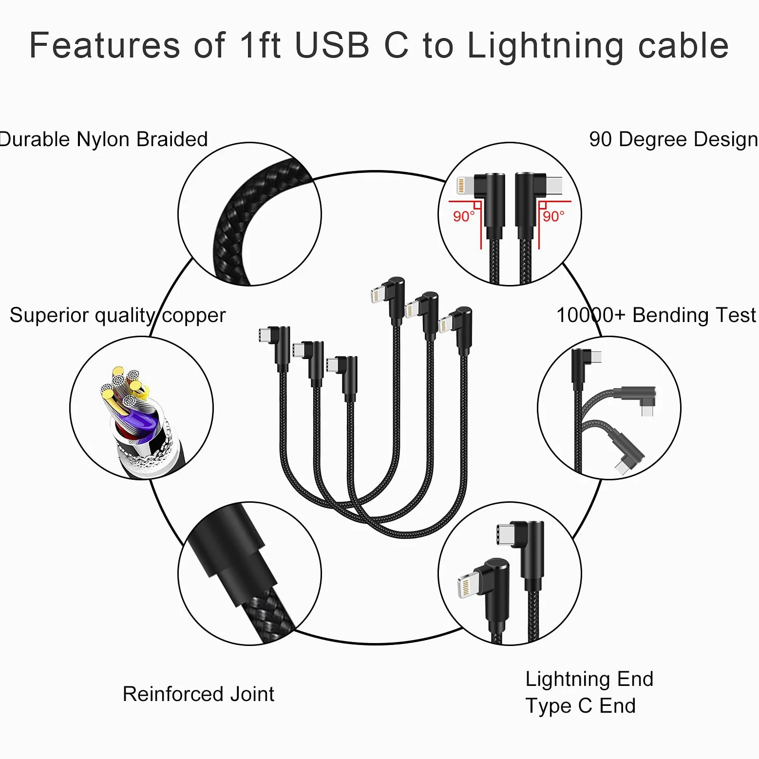 Cavo da USB C a Lightning da 0,3 m, confezione da 3 pezzi, certificato MFi, ad angolo retto, per iPhone 13, 12, 11, Pro, X, XS, XR, 8 Plus, 7, 6, 5 (nero)