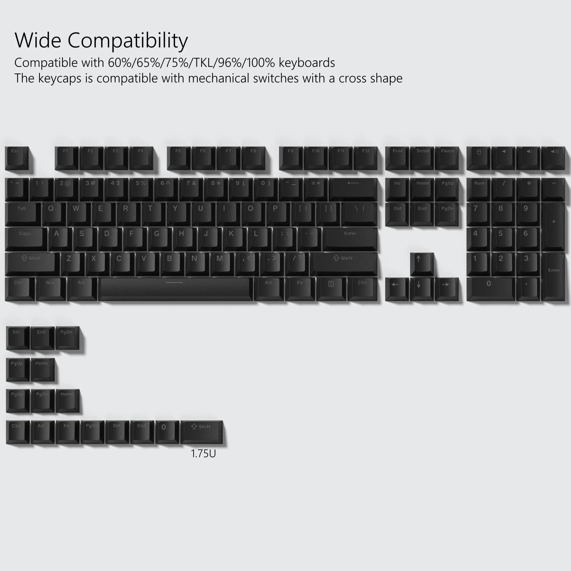 Womier Keycaps 60 75 100% Cherry copritastiera Shine Through PBT, keycap personalizzati, set di keycap Doubleshot, compatibilità universale per tastiera Cherry Gateron MX Switch, nero