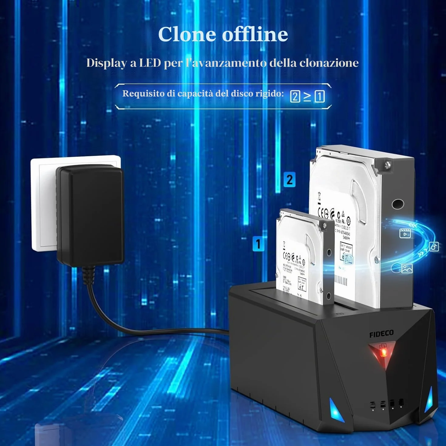 FIDECO Docking Station per Disco Rigido USB 3.2 Gen 1 SATA HDD SSD 2,5" 3,5" Cavo USB A C Clonazione Offline
