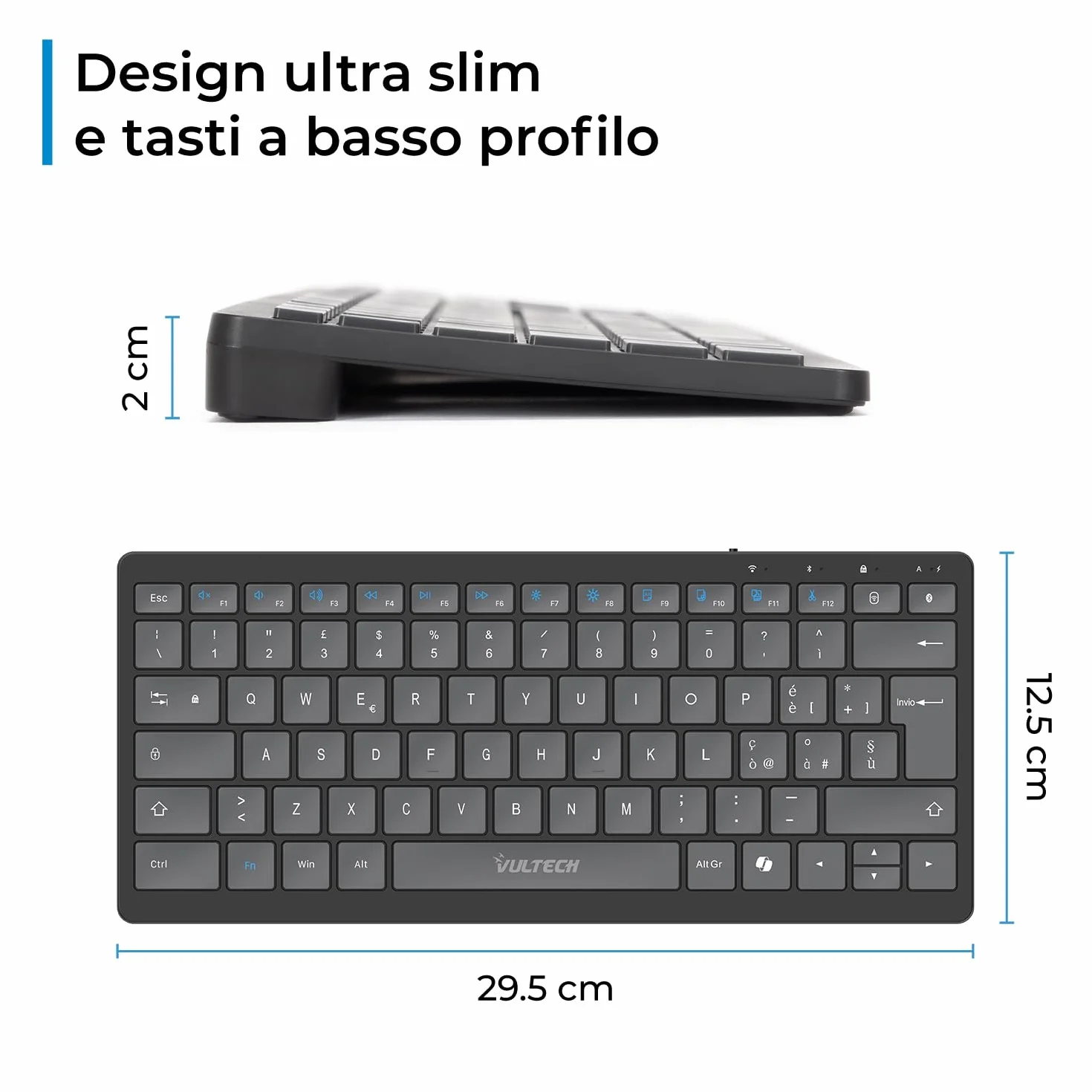 Tastiera Wireless Bluetooth Ricaricabile KEY-601WBT Layout Italiano QWERTY Ultraslim 80h Tasti Silenziosi