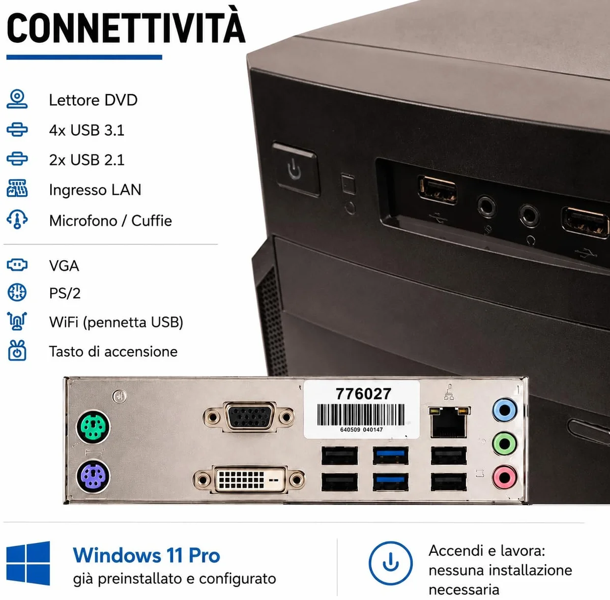 PC Fisso Desktop Intel Core i5-4th 16GB RAM DDR3 256GB + 512GB HDD Windows 11 Pro Office 365 USB 3.0