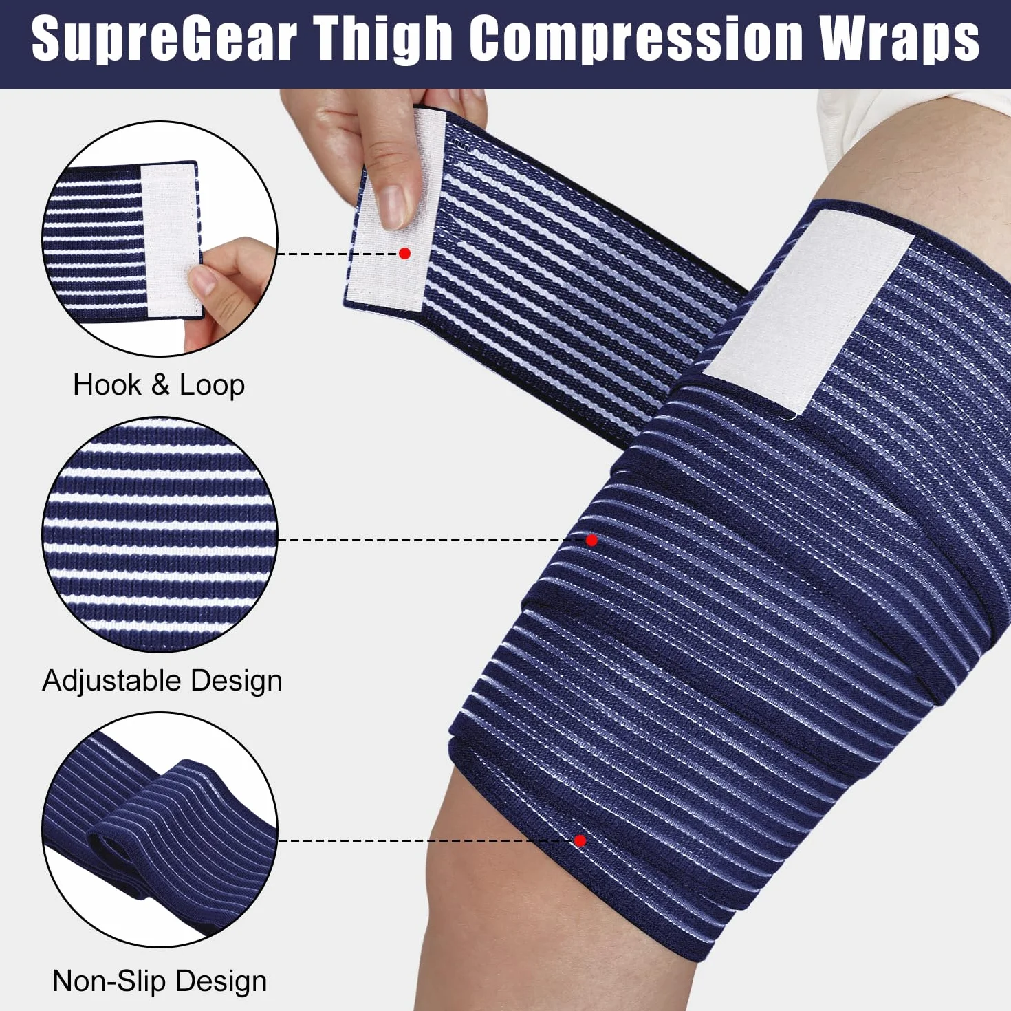 Supregear 2 Pezzi Fasce Compressorie per Hamstring e Cosce, Supporto Regolabile, Bende Elastiche, 150 cm, Blu Scuro