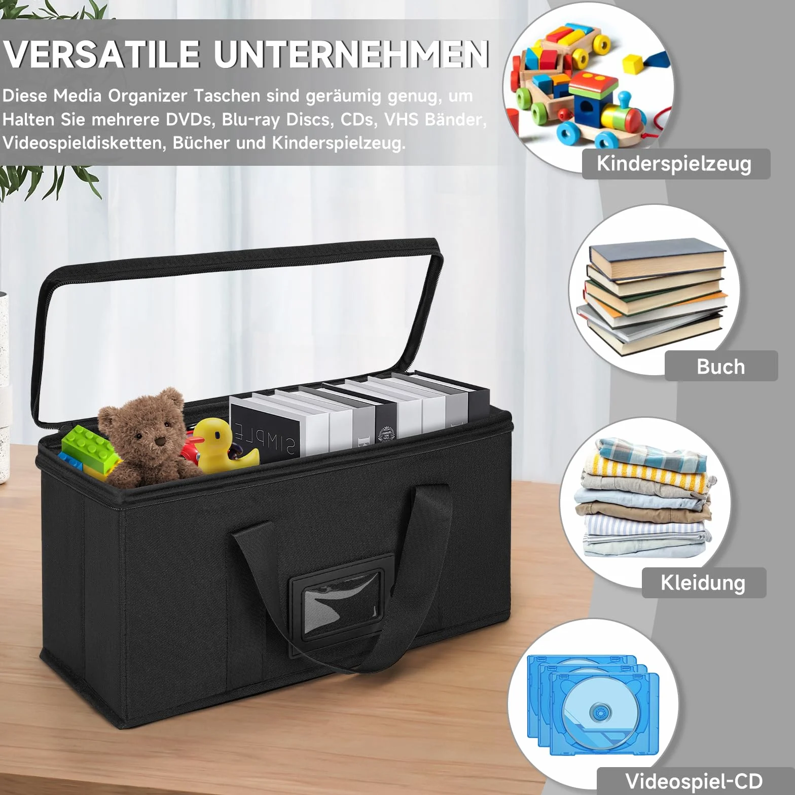 Scatola per CD, 2 scatole CD, custodia per CD (34 x 16 x 14 cm), per un totale di 40 CD, custodia per CD con maniglia, custodia per CD con coperchio trasparente per un facile accesso