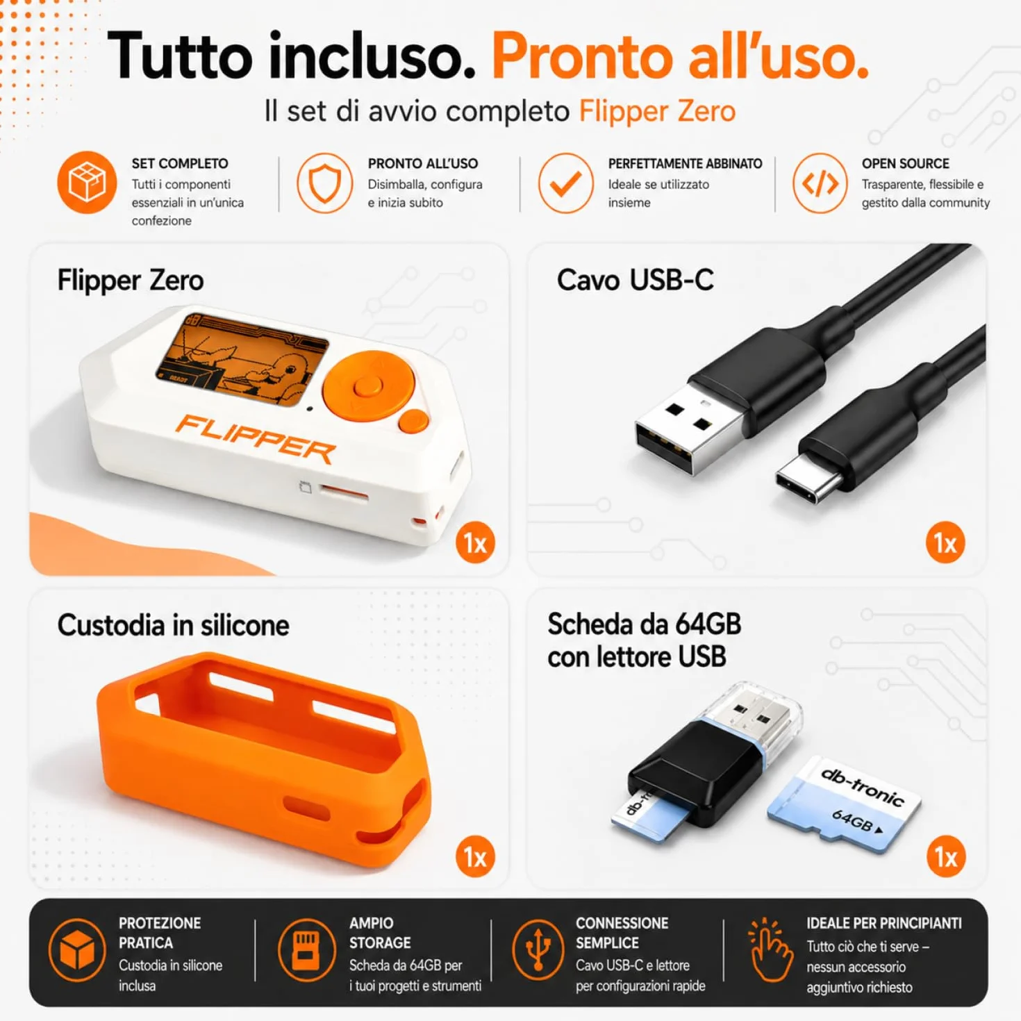 db-tronic Flipper Zero Protective Set | Flipper Zero | Custodia in Silicone | Cavo USB-C | Scheda di Memoria 64GB - Sub-GHz, RFID, NFC, Telecomando Radio, infrarossi, Open-Source e Personalizzabile