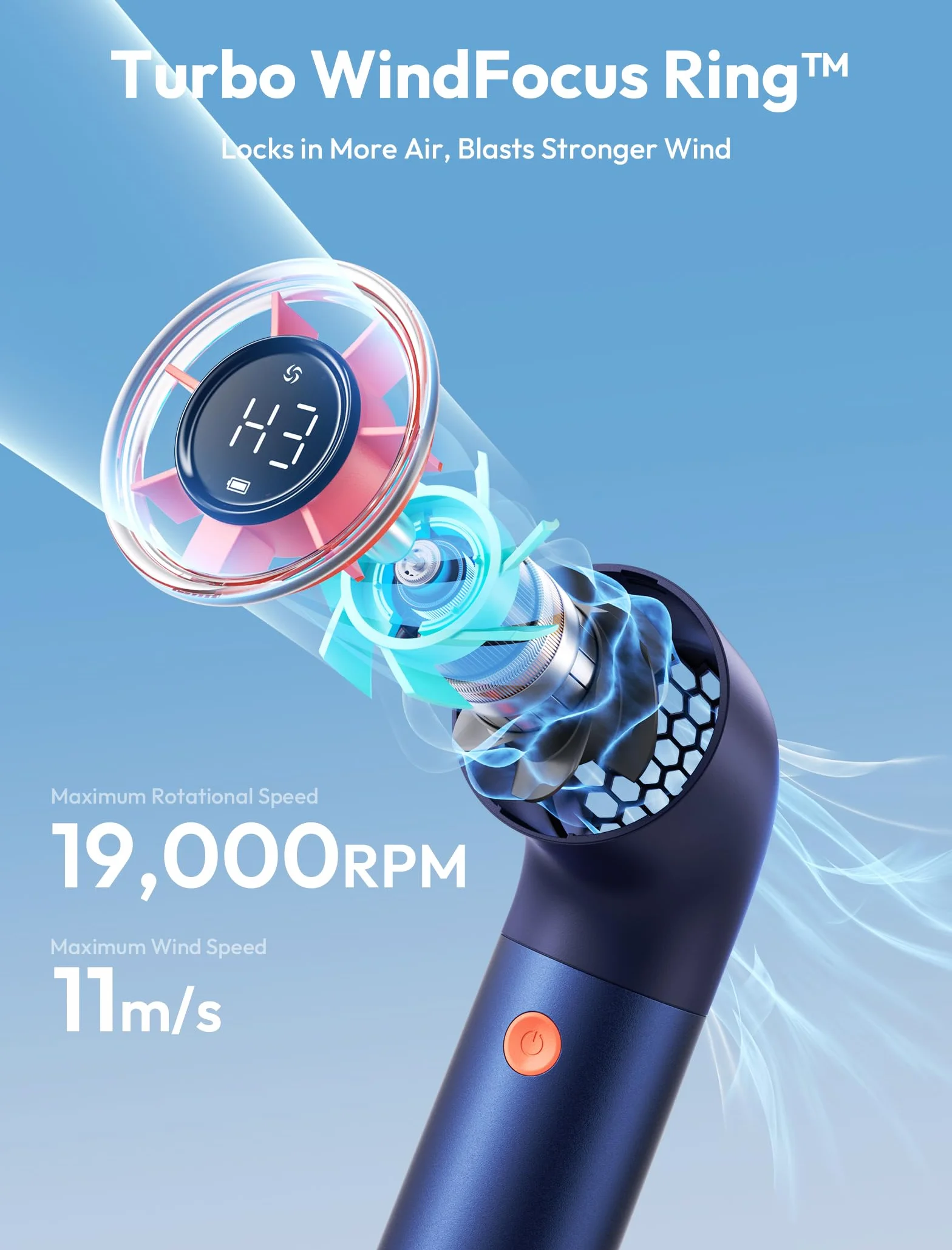 Aecooly Potente Ventilatore Portatile, Mini Ventilatore Turbo a Mano, 19000 RPM Aero Ultra, Ricaricabile [Massimo 15 ore], 7 Velocità d'Aria, Tascabile Piccolo Viaggi, Regalo per Donne-Blu&Arancione