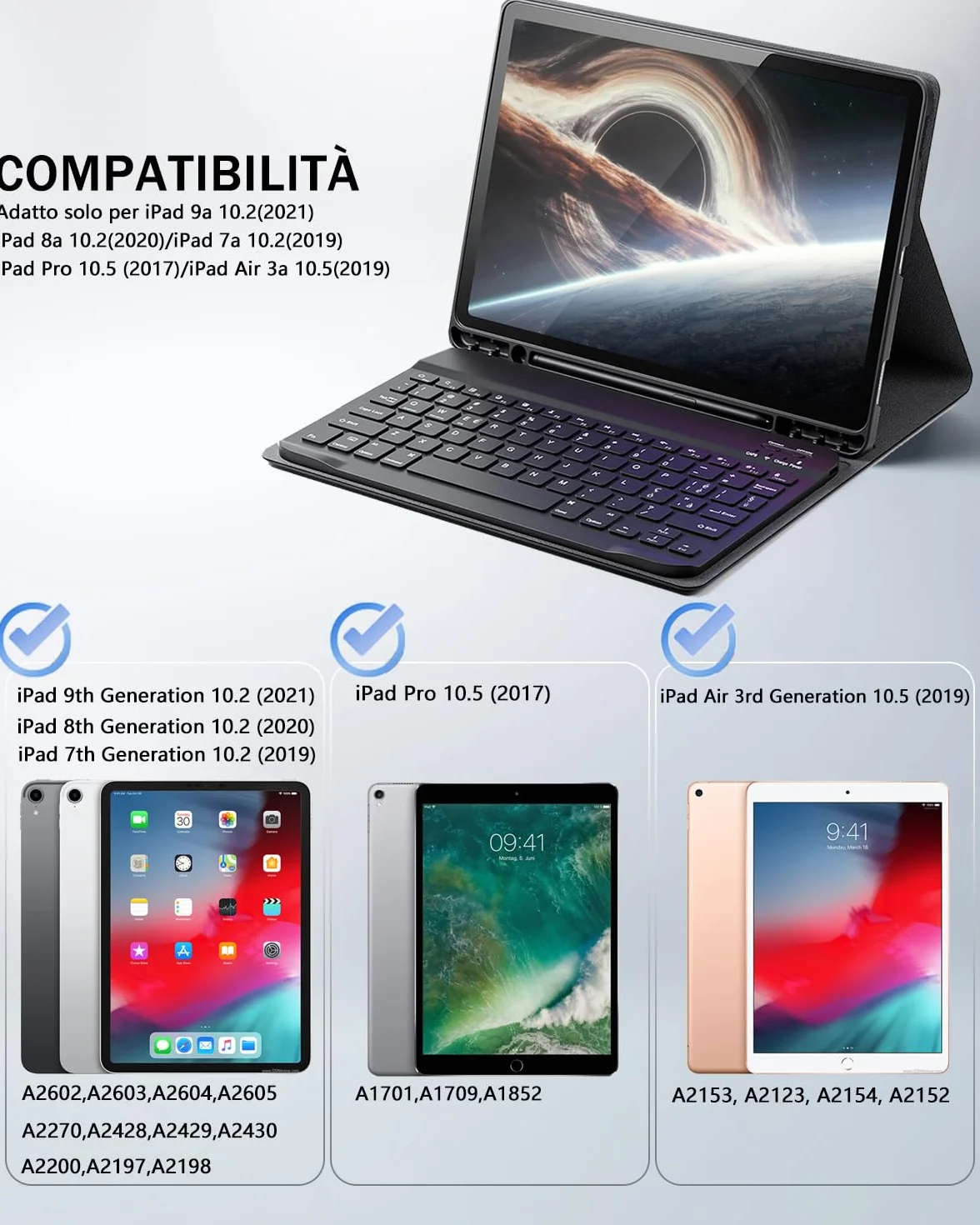 Cover per iPad 9/8/7 10.2" iPad Air 3 10.5" iPad Pro 10.5" con tastiera Bluetooth QWERTY e Mouse Nero