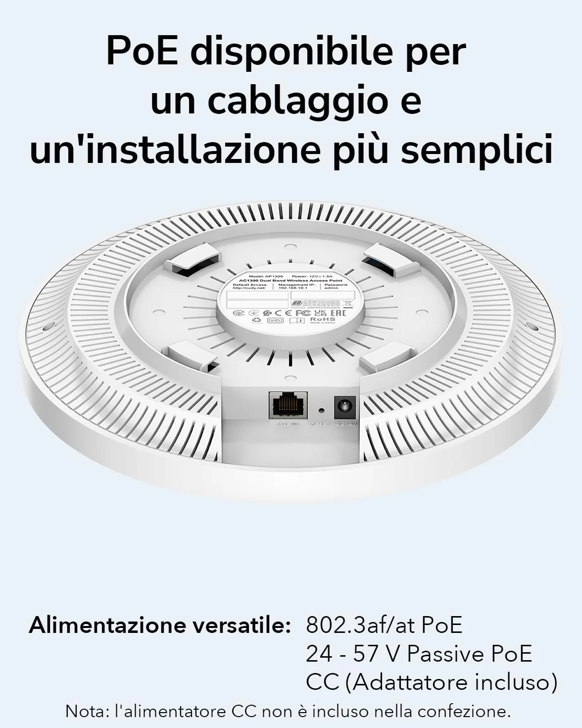 Cudy AP1300 Punto Di Accesso Wireless Gigabit AC1200, Soluzione WiFi Aziendale, Supporto Mesh, Beamforming, MU-MIMO, Alimentazione POE o CC (alimentatore e cavo di rete non inclusi nella confezione)