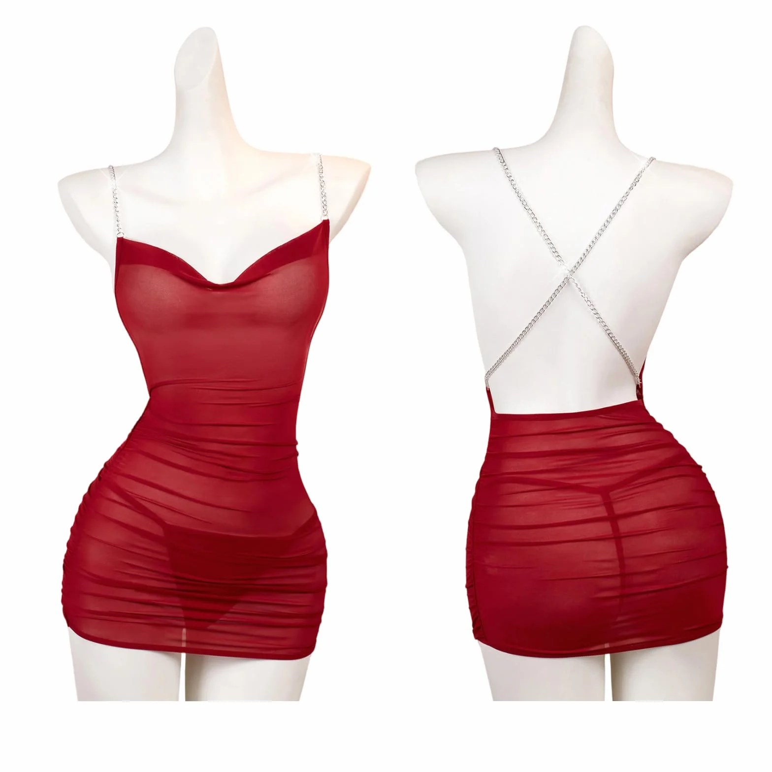Donna Abito Mini Trasparente Sexy Babydoll Spalline Metallo Maglia Camicia da Notte Senza Schiena Negligé Elastico Bodycon Biancheria Intima Lingerie Festa