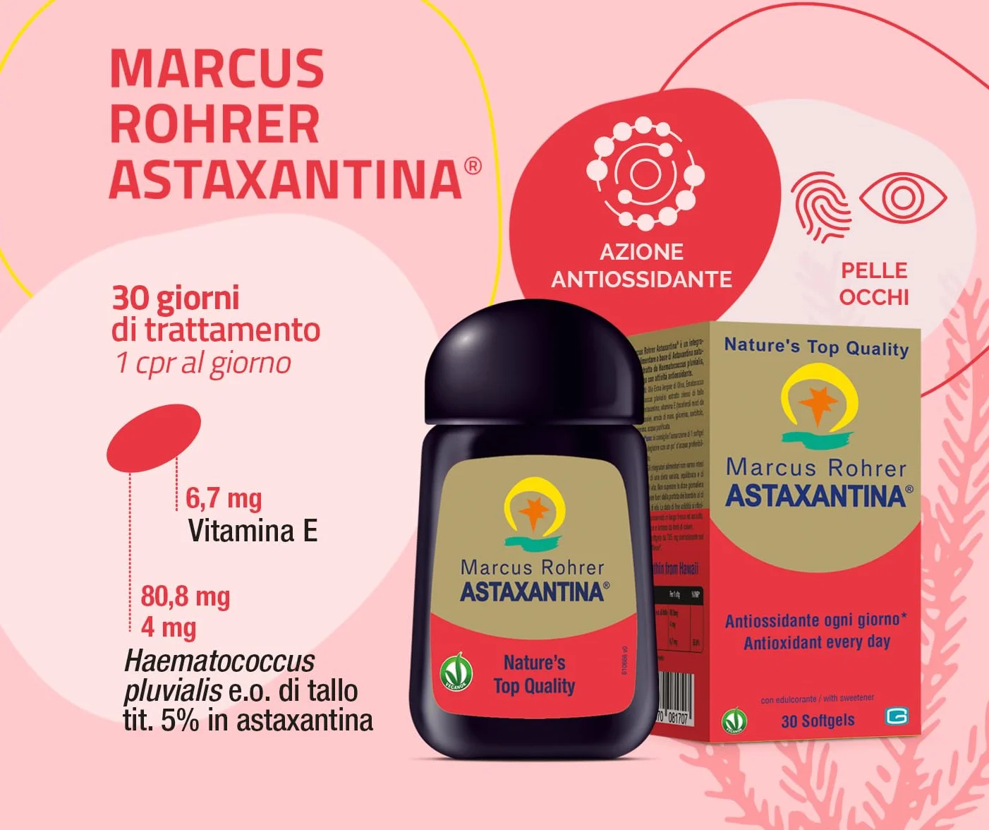 Marcus Rohrer Astaxantina Integratore Alimentare Antiossidante Protezione UV 30 Softgel