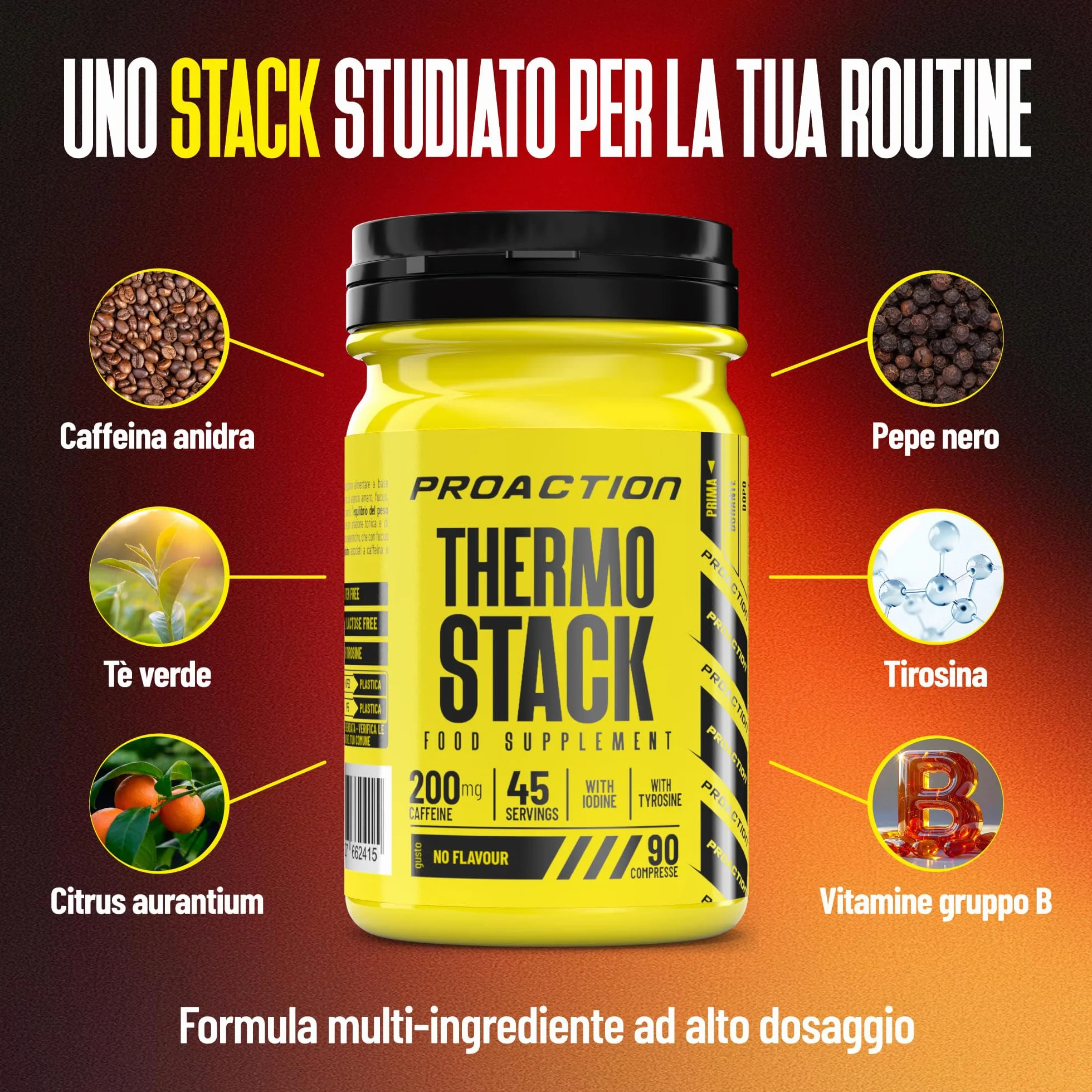 ProAction Thermo Stack Integratore Alimentare Compresse Caffeina L-Tirosina Estratti Vegetali 45 Porzioni 90 cpr