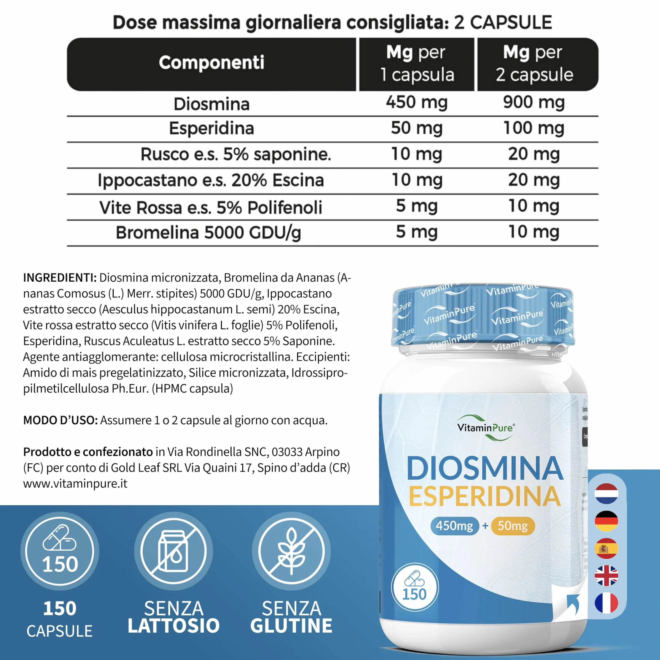 Diosmina Esperidina Alto Dosaggio 1000mg 150 Capsule Vegetali Integratore Microcircolo Circolazione